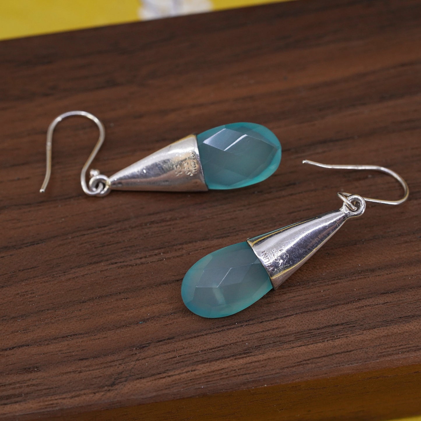 YS Indian Sterling 925 silver teardrop earrings with chalcedony blue crystal