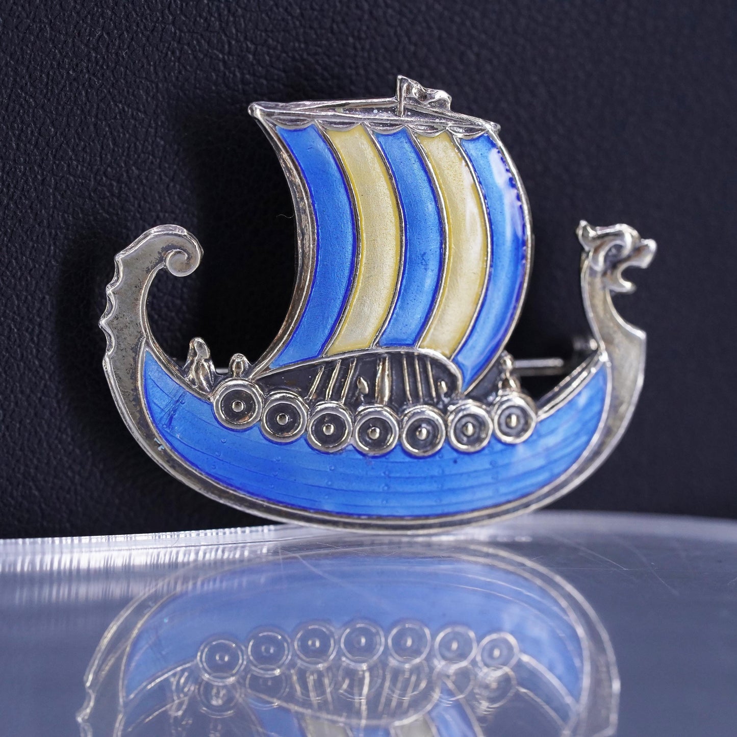 vintage Norway Sterling silver handmade brooch, 925 sailing boat pin w/ enamel