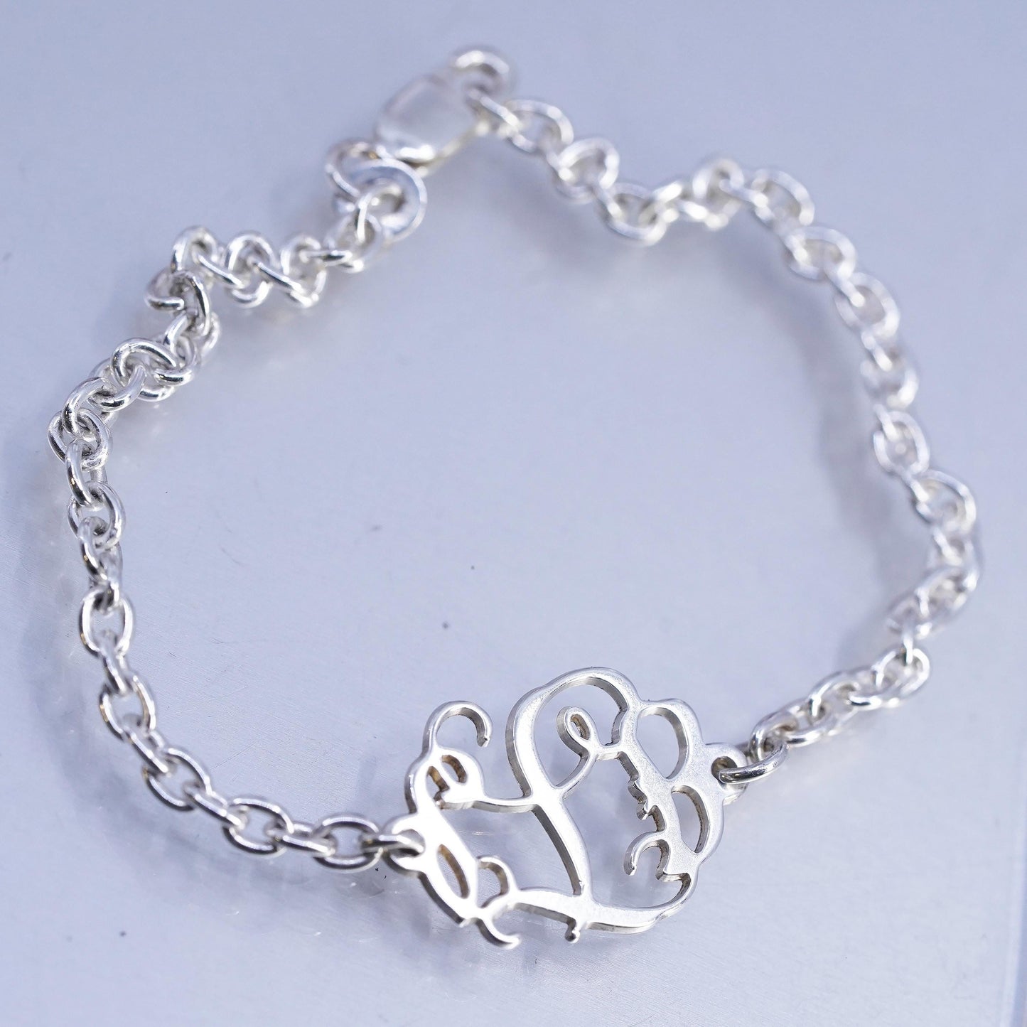 6.5" 3mm, vintage Sterling silver bracelet, 925 circle chain monogram "L" charm