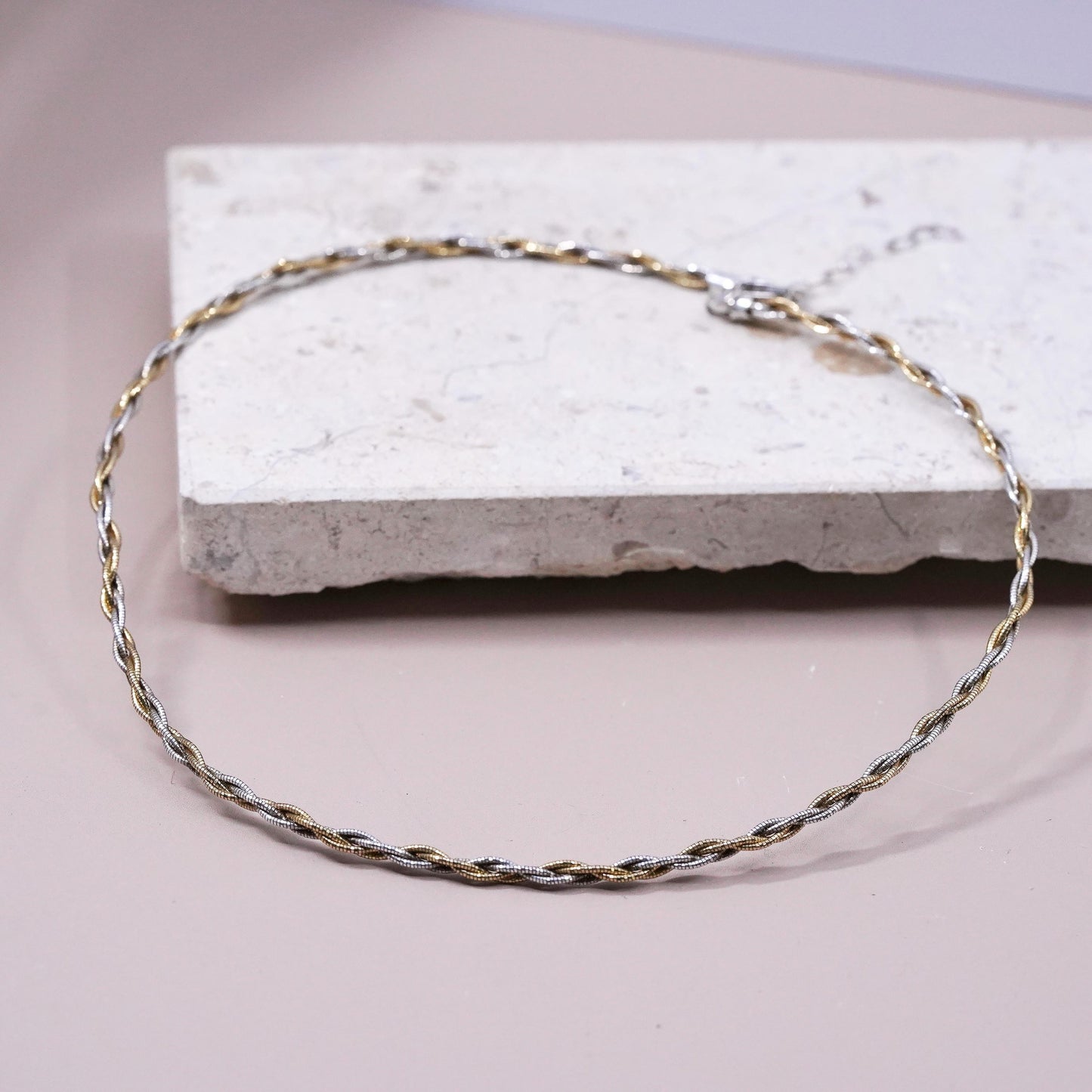 17+2”, two tone Sterling silver necklace, woven braided 925 snake chain choker