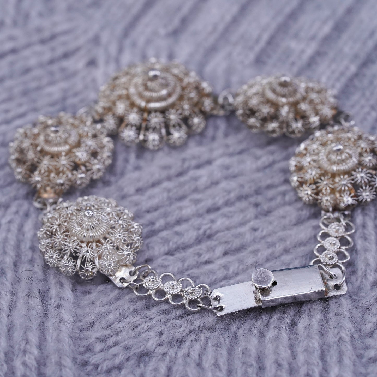 7", vintage sterling silver handmade bracelet, 800 filigree flower bracelet