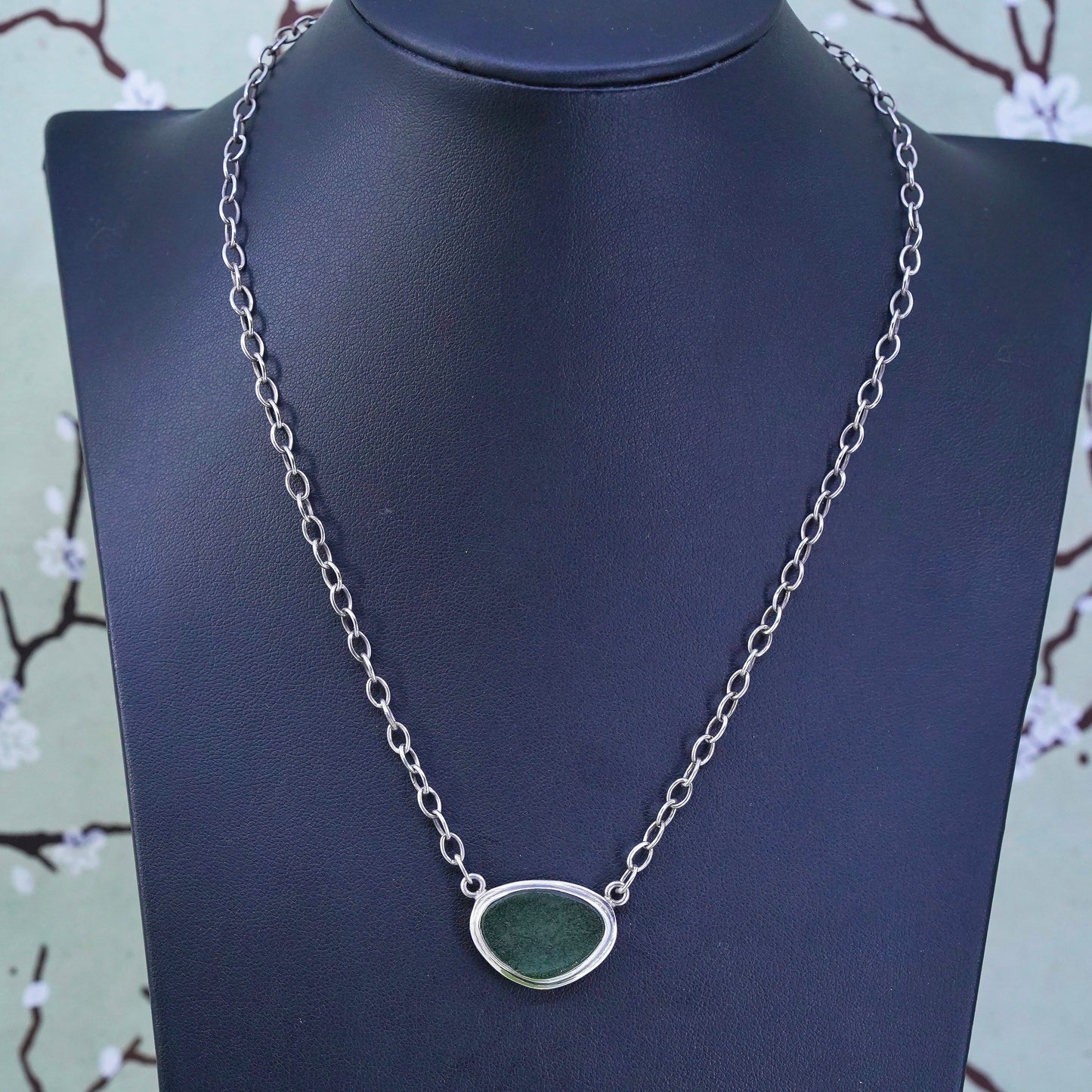 15+1", sterling silver oval link chain necklace green sea washed glass pendant