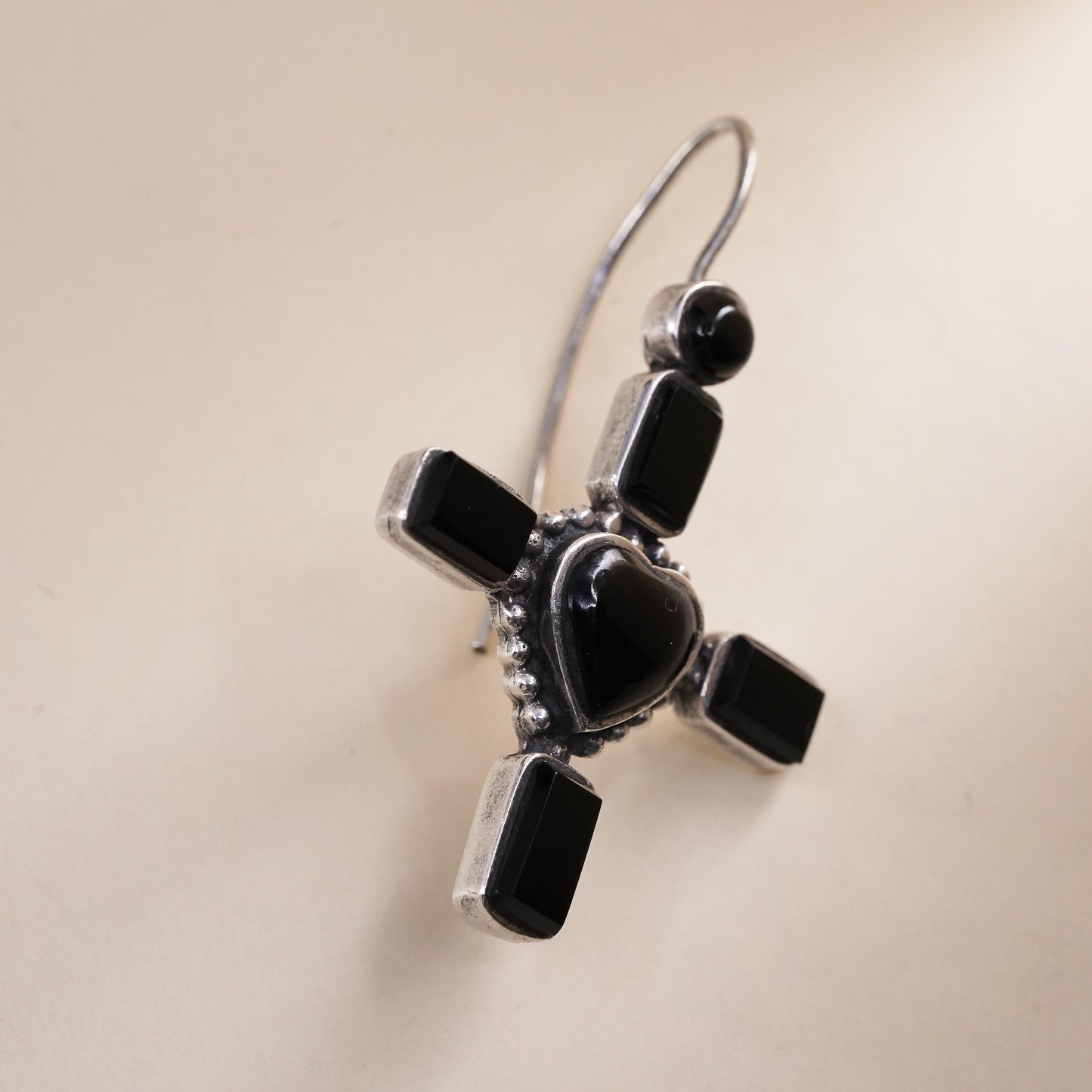 Vintage handmade single earring. Sterling 925 silver heart cross with onyx