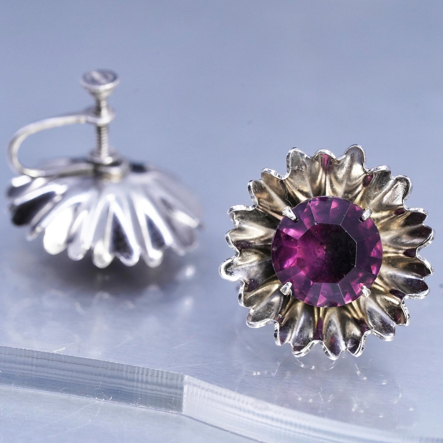 Vintage Sterling 925 silver handmade earrings, screw back flower with amethyst