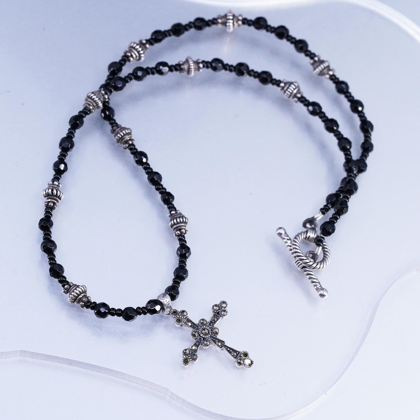 16", vintage Sterling 925 silver necklace with obsidian beads, cross pendant