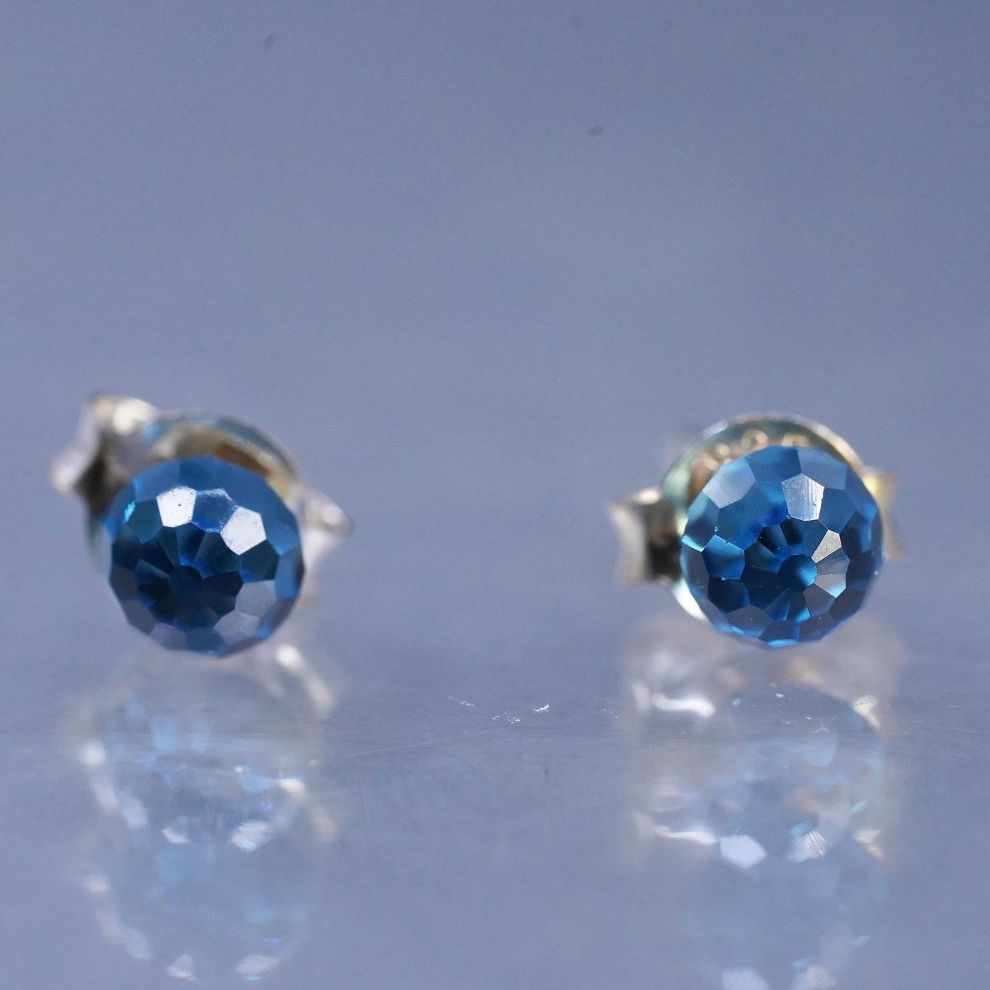 4mm, Vintage Sterling 925 silver handmade earrings, blue crystal studs