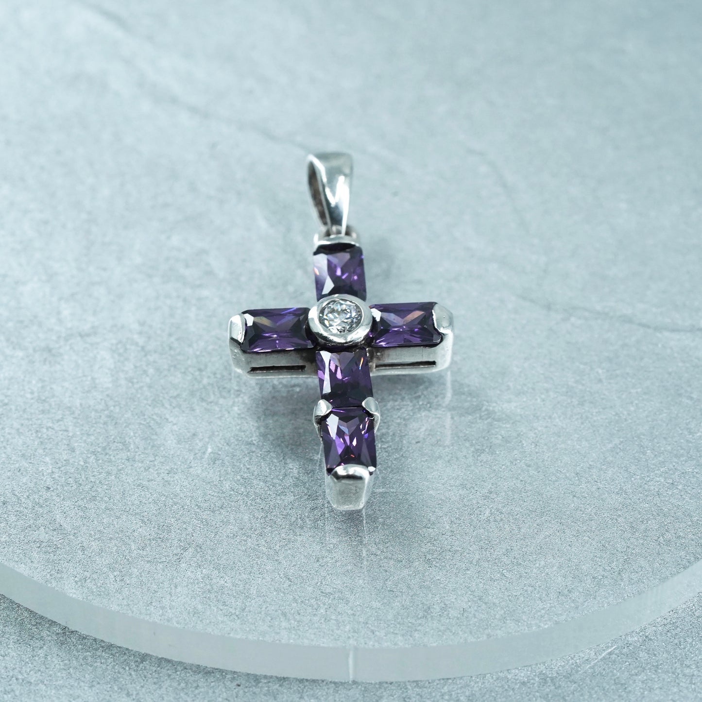 vintage sterling 925 silver handmade cross pendant with amethyst