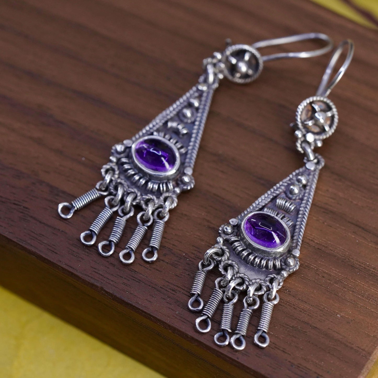 southwestern Sterling 925 Silver wired Earrings amethyst. Ethnic Tribal Jewelry