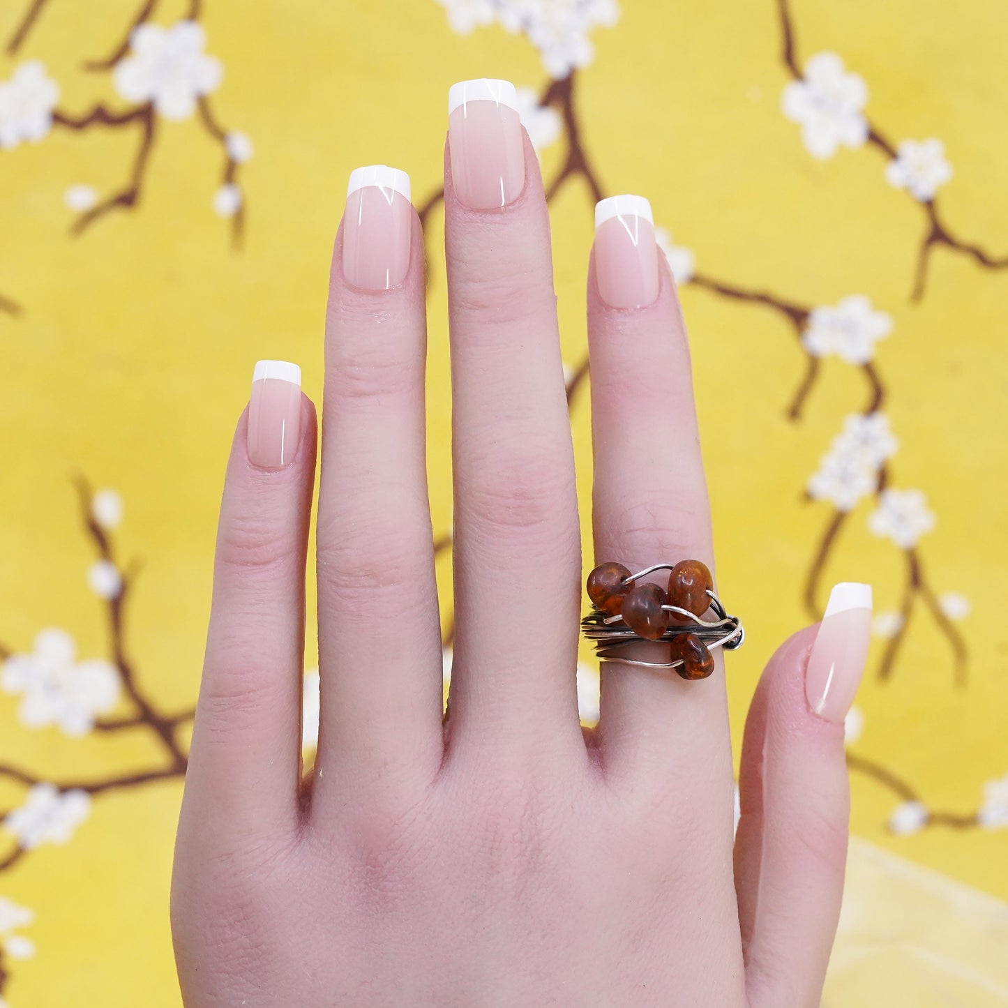 Size 5.75, vintage Sterling 925 silver handmade wired ring with amber beads