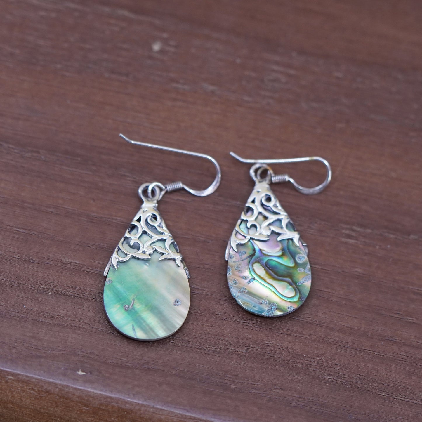Vintage Sterling 925 silver handmade earrings with teardrop shaped abalone
