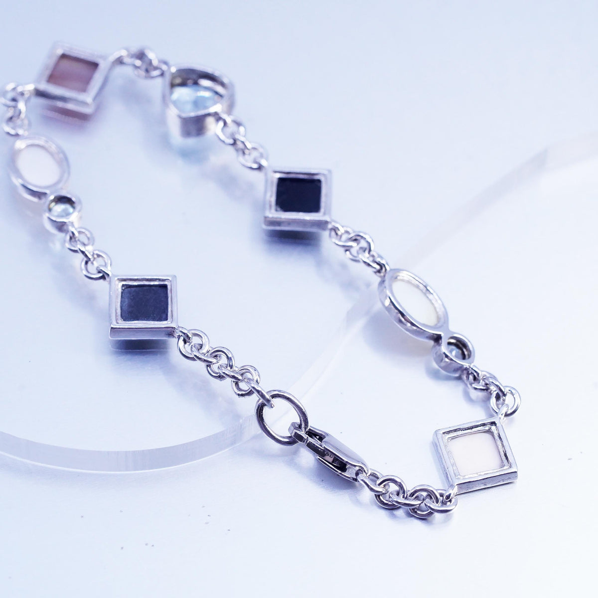 7.5”, sterling 925 silver inlay bracelet black onyx topaz pink mother of pearl