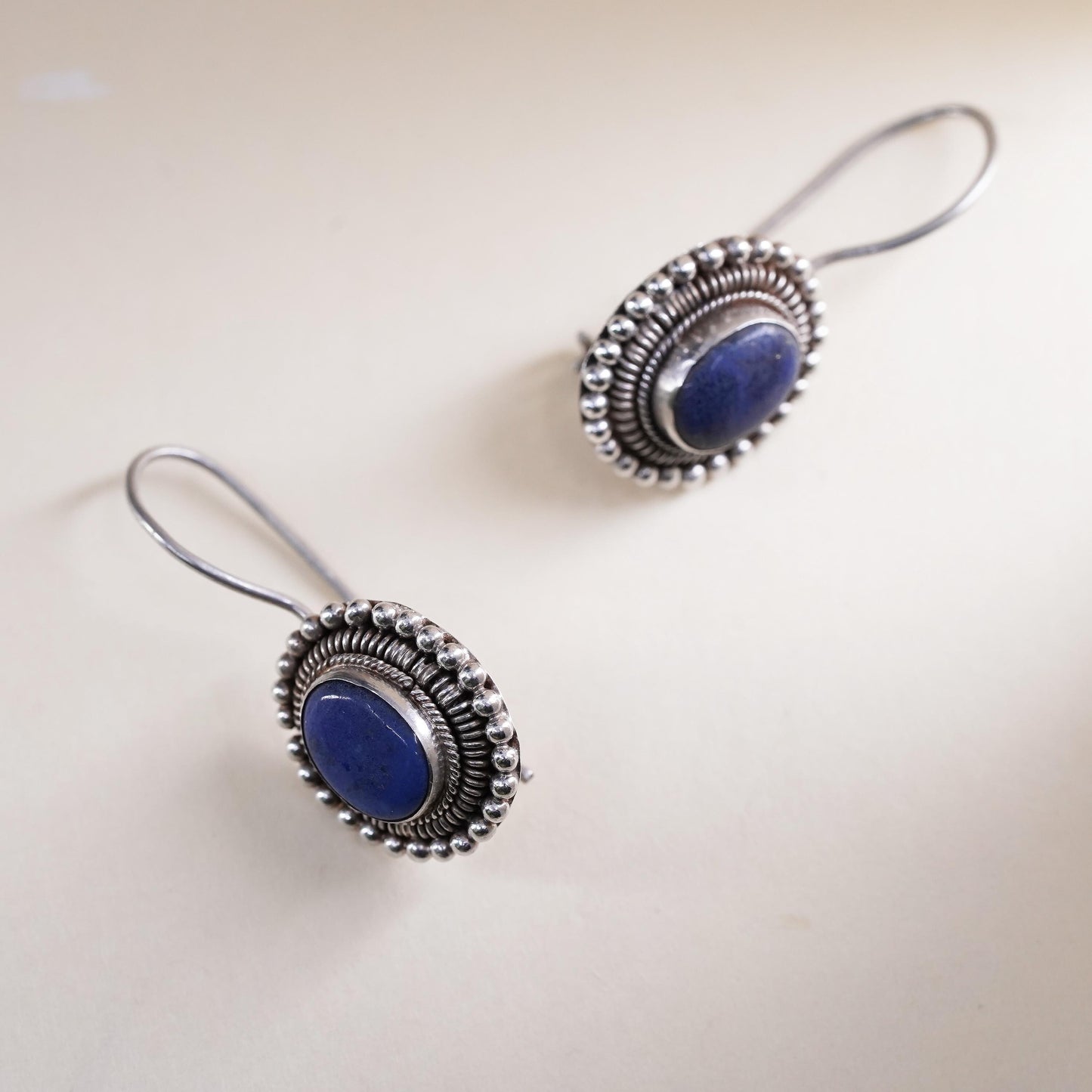 Vintage Sterling 925 Silver Handmade earrings with oval lapis lazuli and beads
