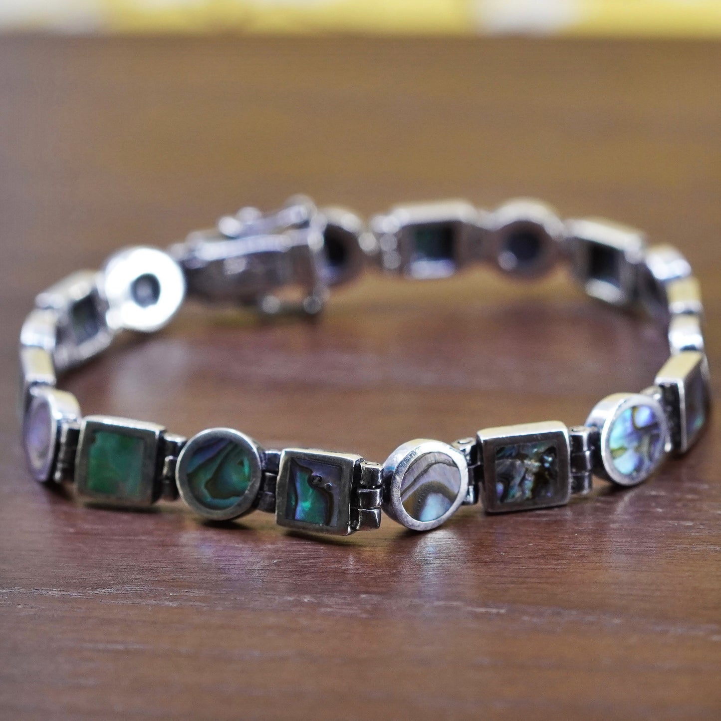 6.25”, vintage Sterling 925 silver tennis bracelet with abalone inlay