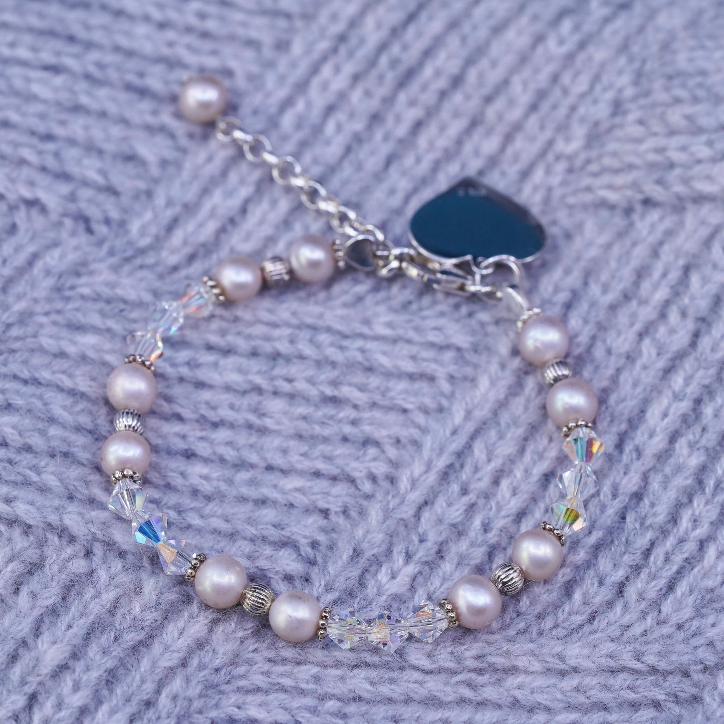 6+1", vintage Judith Jack Sterling 925 silver bracelet with pearl heart charm