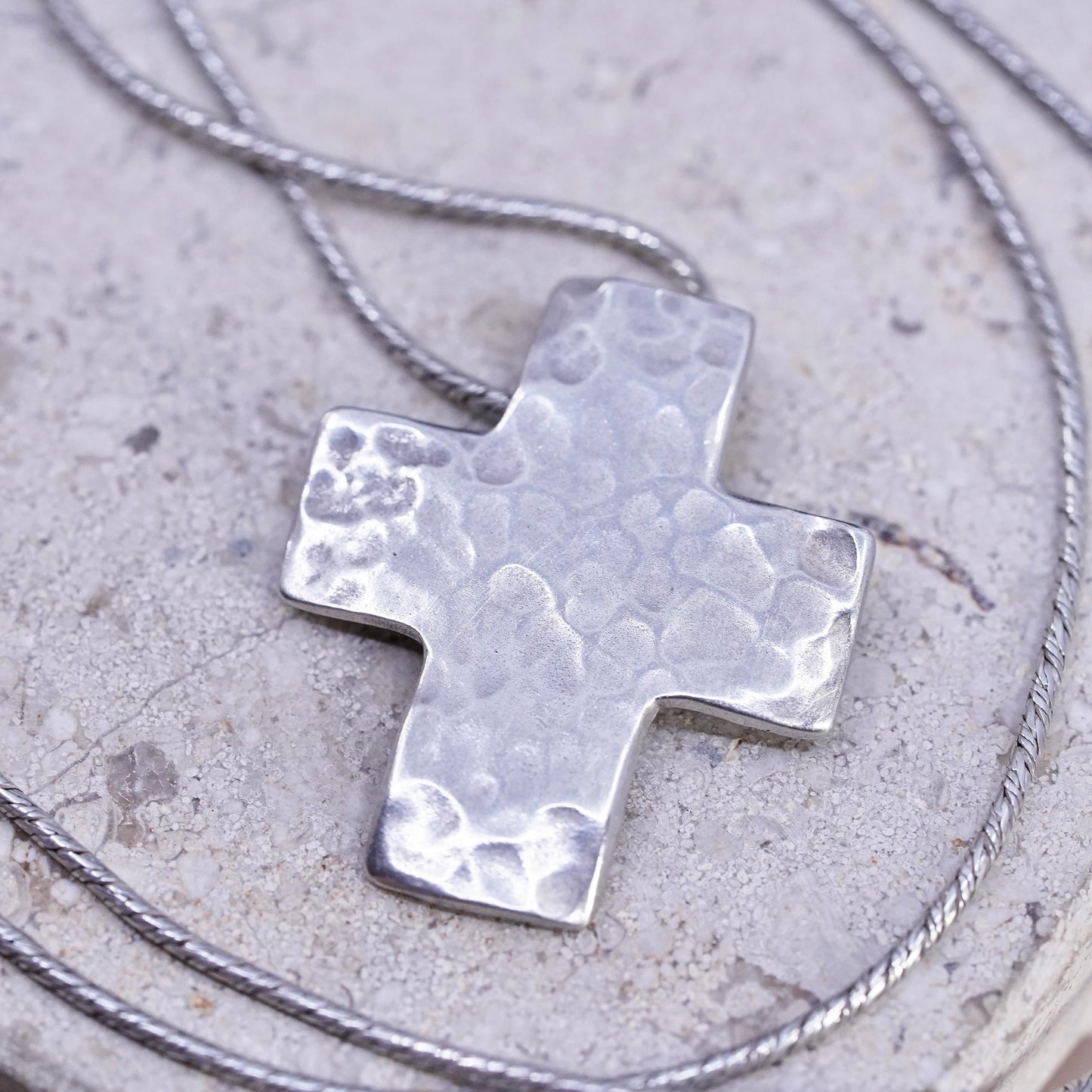 18" VTG Israel Sterling silver necklace, 925 snake chain textured cross pendant