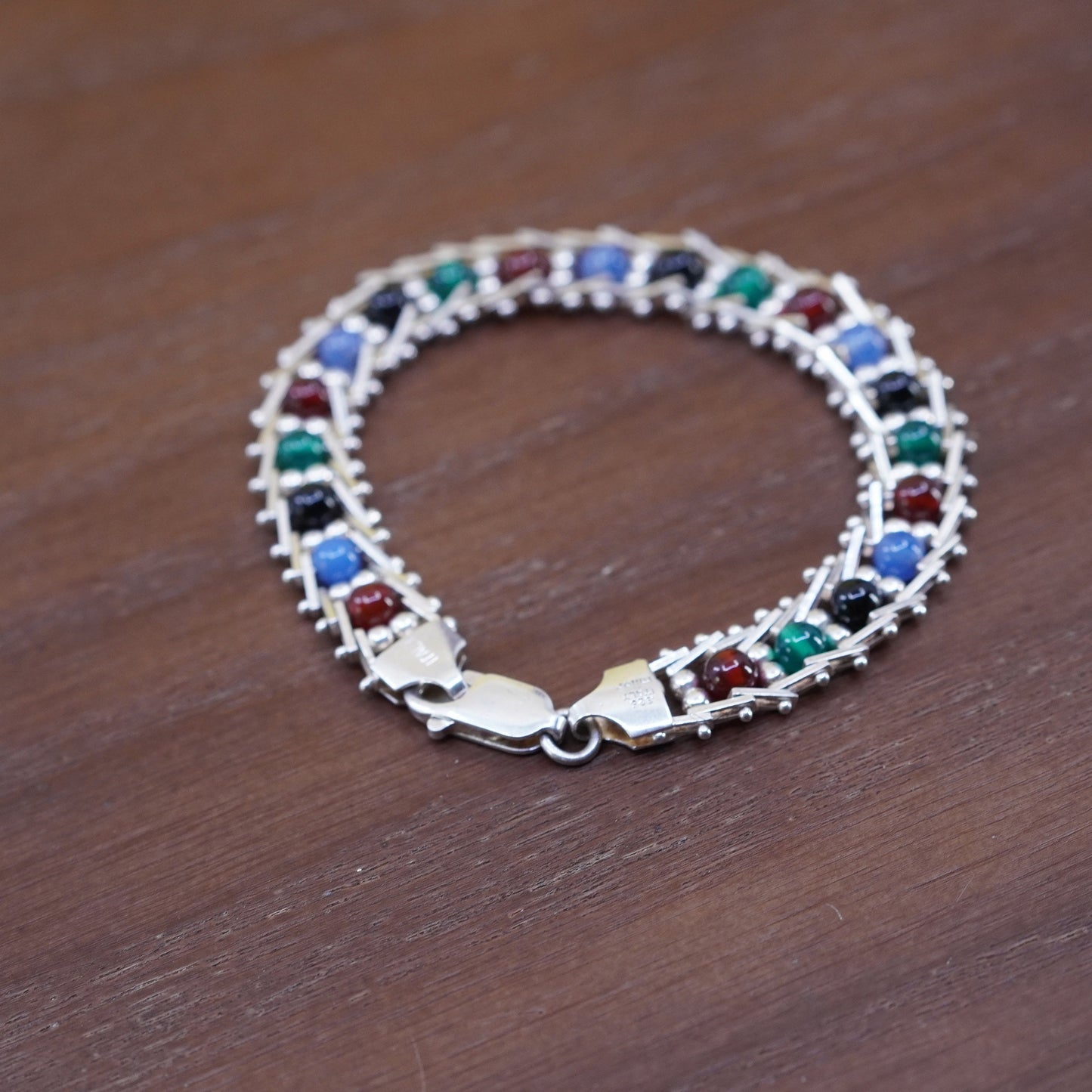 7”, Milor sterling silver link bracelet, 925 chain with colorful gemstone beads