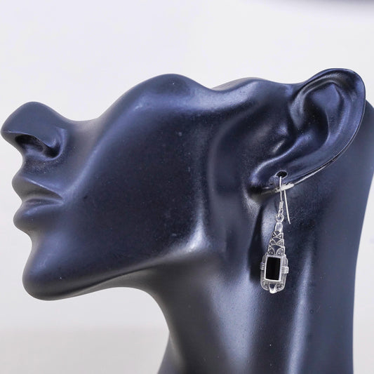 Vintage Sterling 925 silver handmade earrings with onyx and marcasites