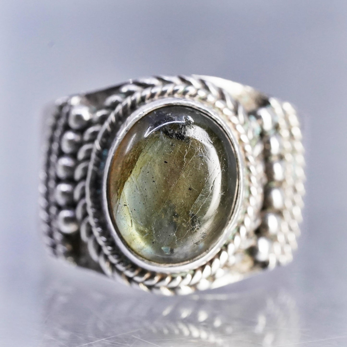 Sz 6.5, Vintage Sterling silver handmade ring, 925 band with Labradorite beads