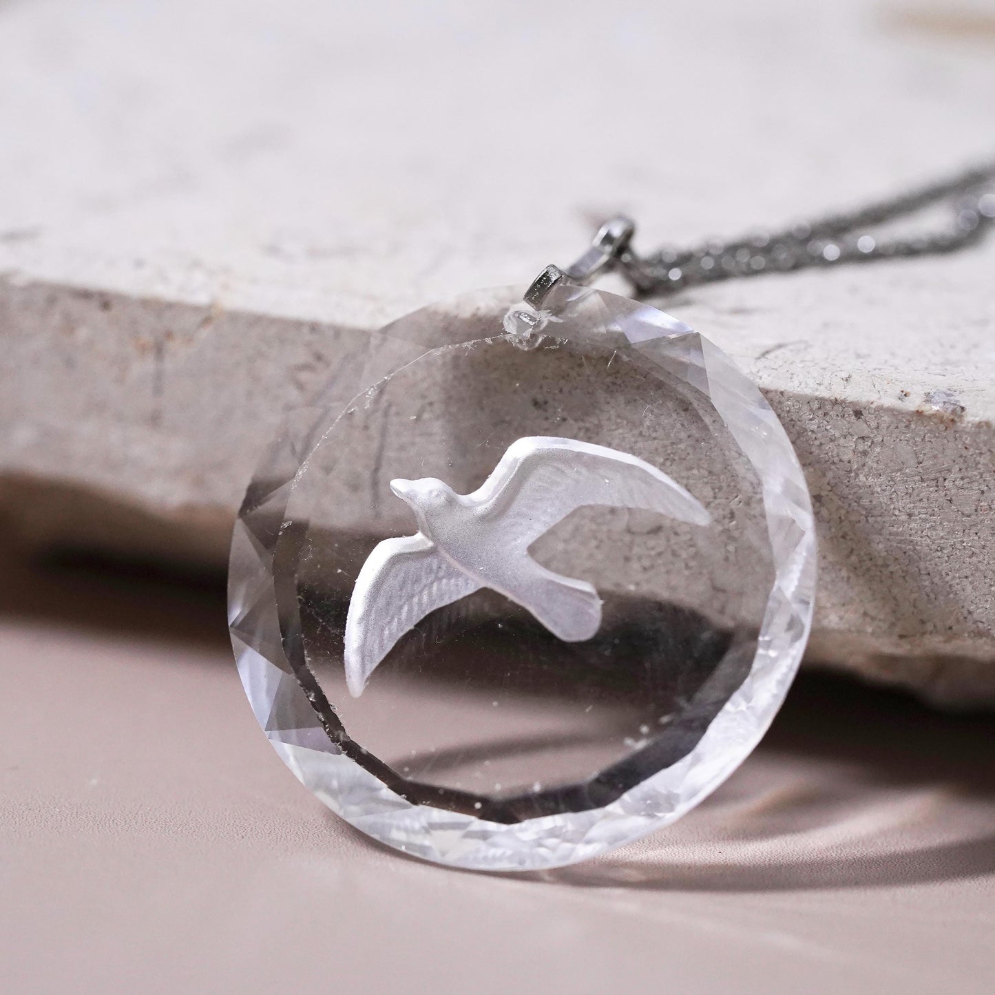 20”, Sterling silver necklace, 925 Singapore rope relief glass bird pendant