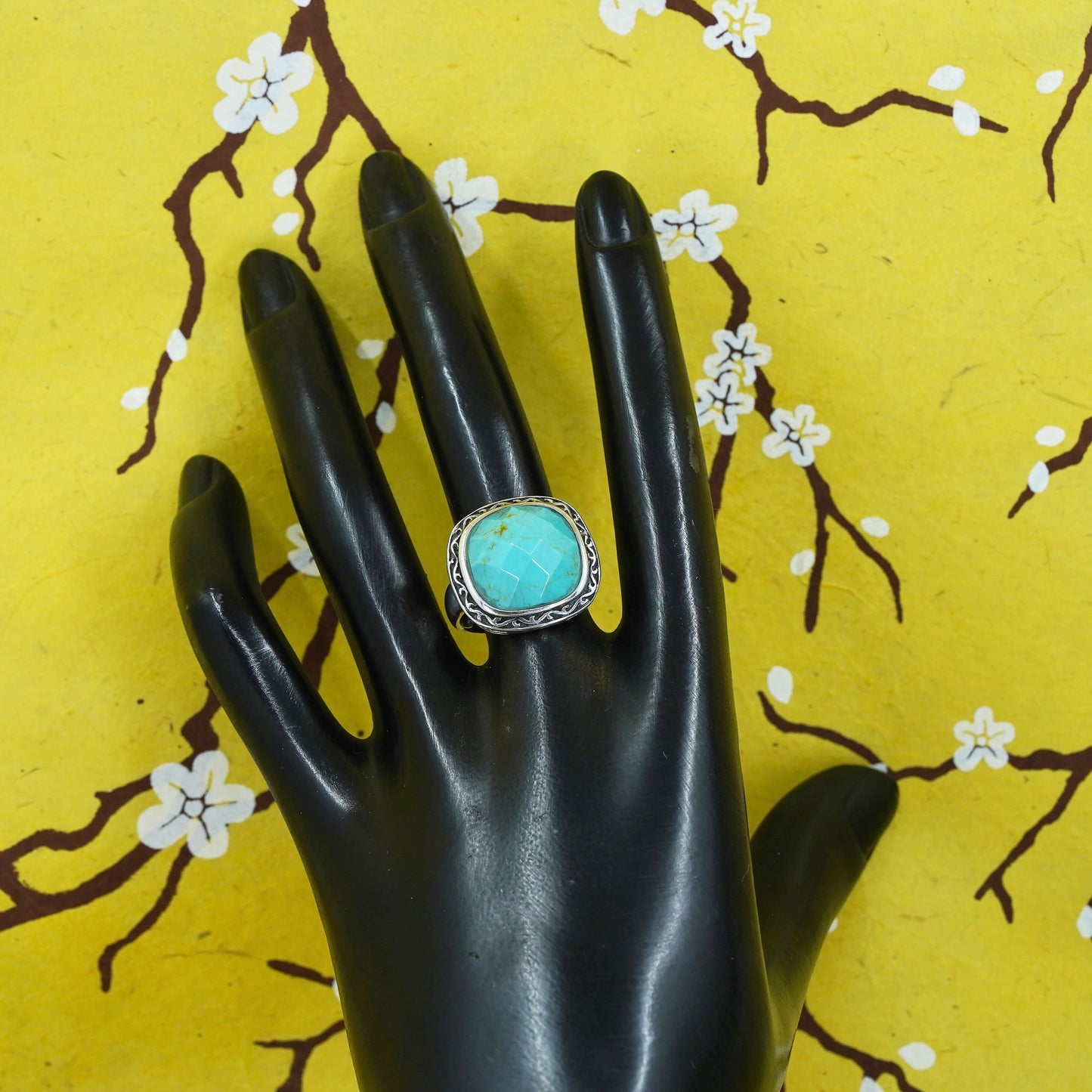 Size 8.25, vintage Sterling 925 silver handmade ring with turquoise filigree