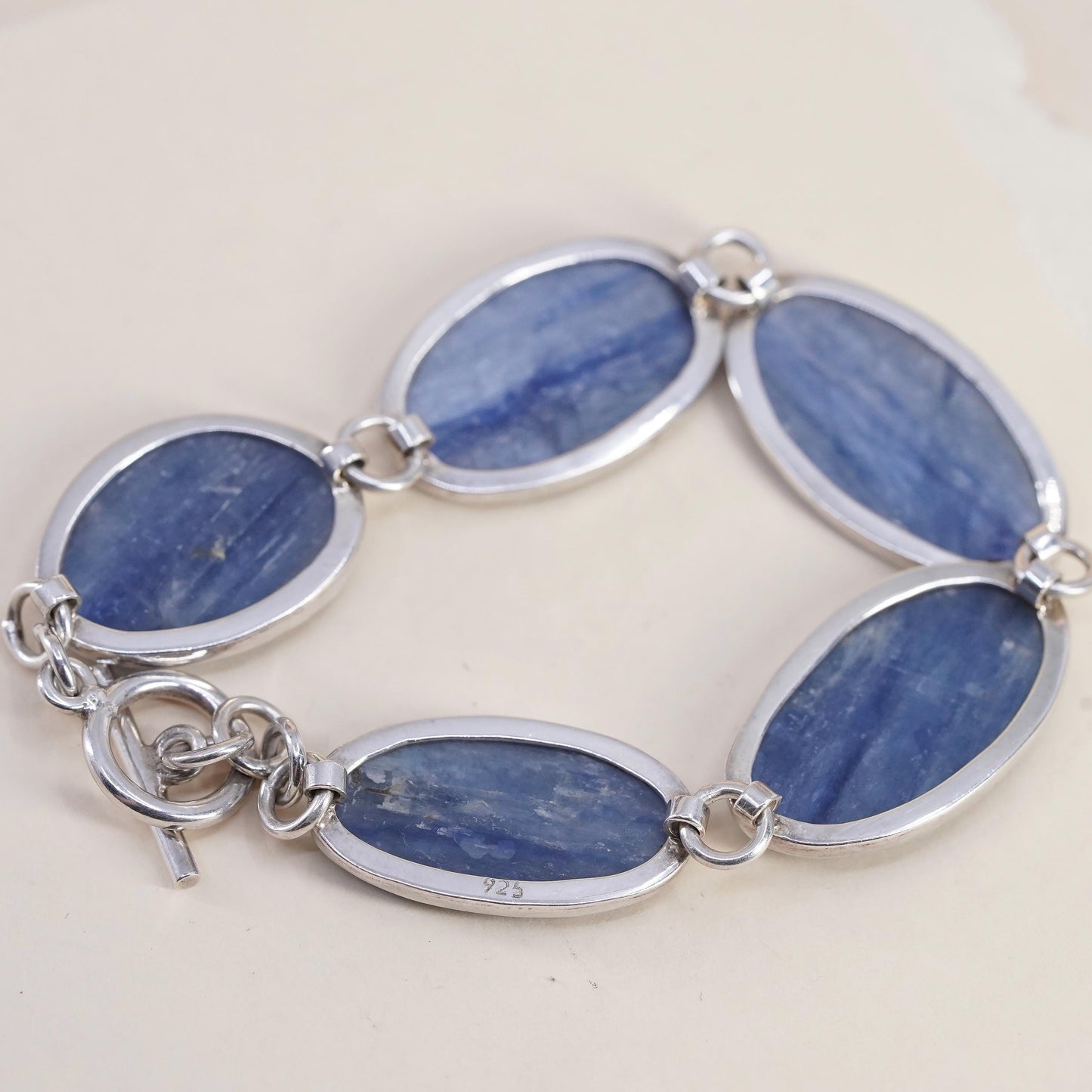 7”, Sterling 925 Silver Blue Kyanite Bracelet, Oval Kyanite Cabochon chain
