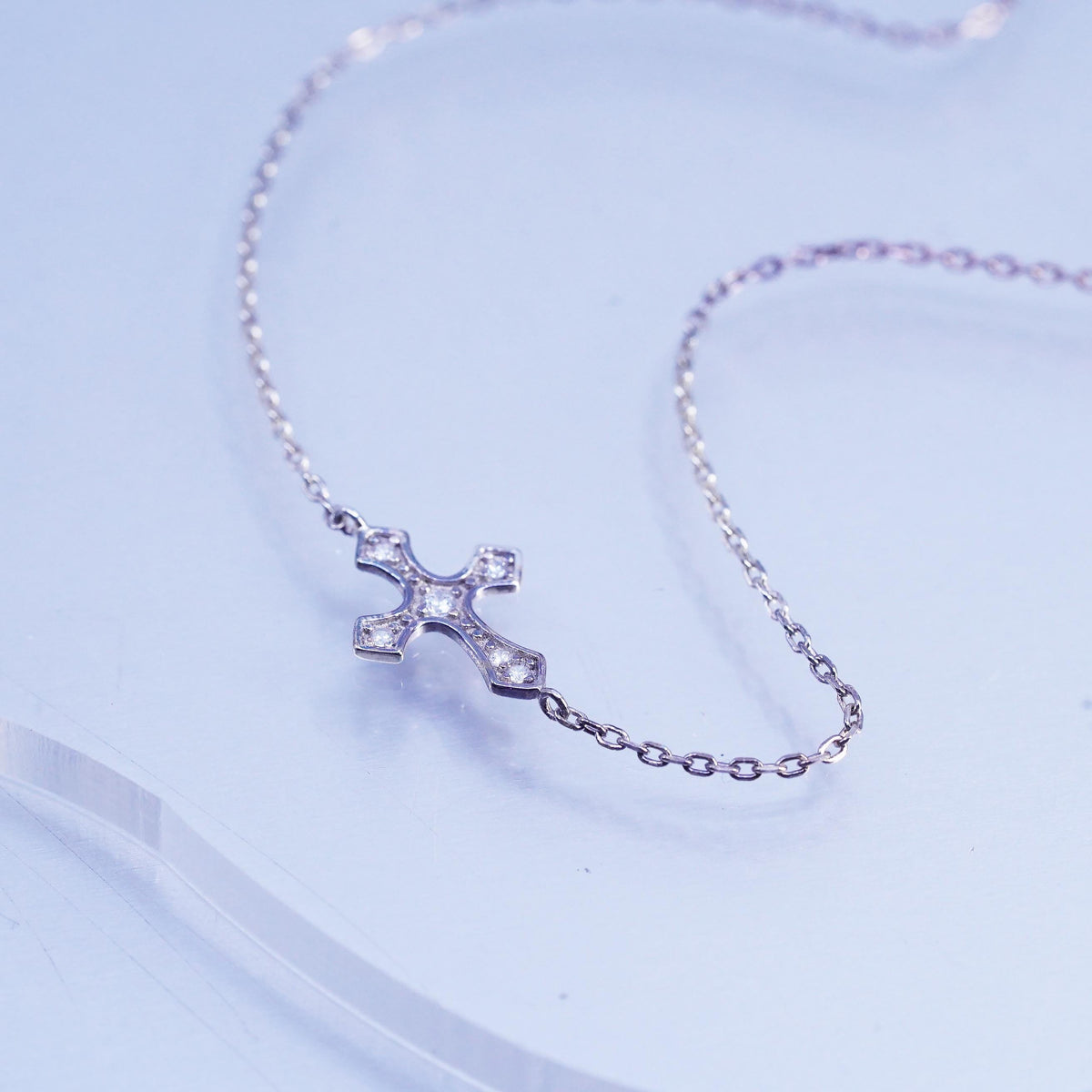 9+1", Vintage Sterling 925 silver bracelet, flatten circle chain CZ cross charm