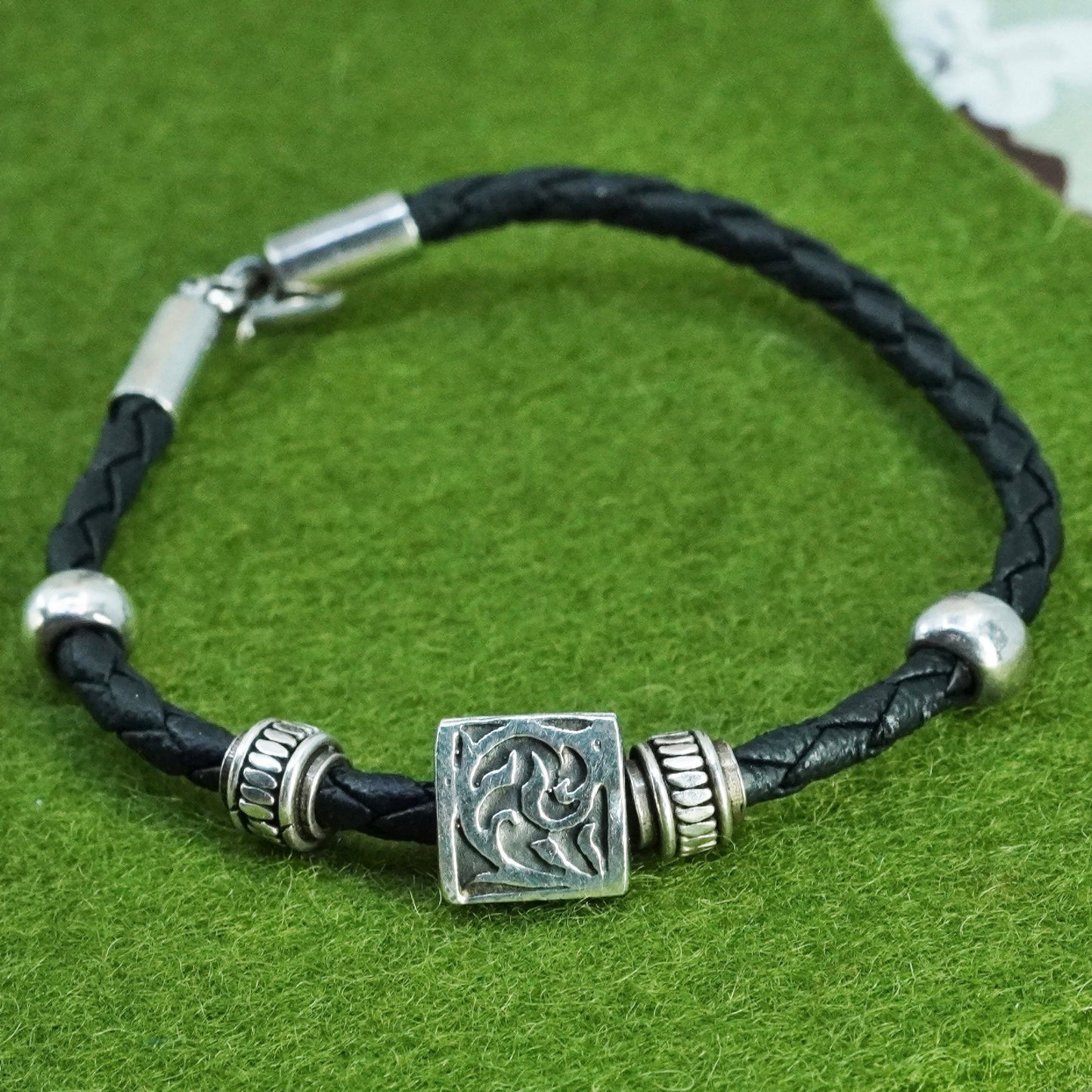 6.25”, woven black leather chain, 925 Mexico silver triangular charm bracelet