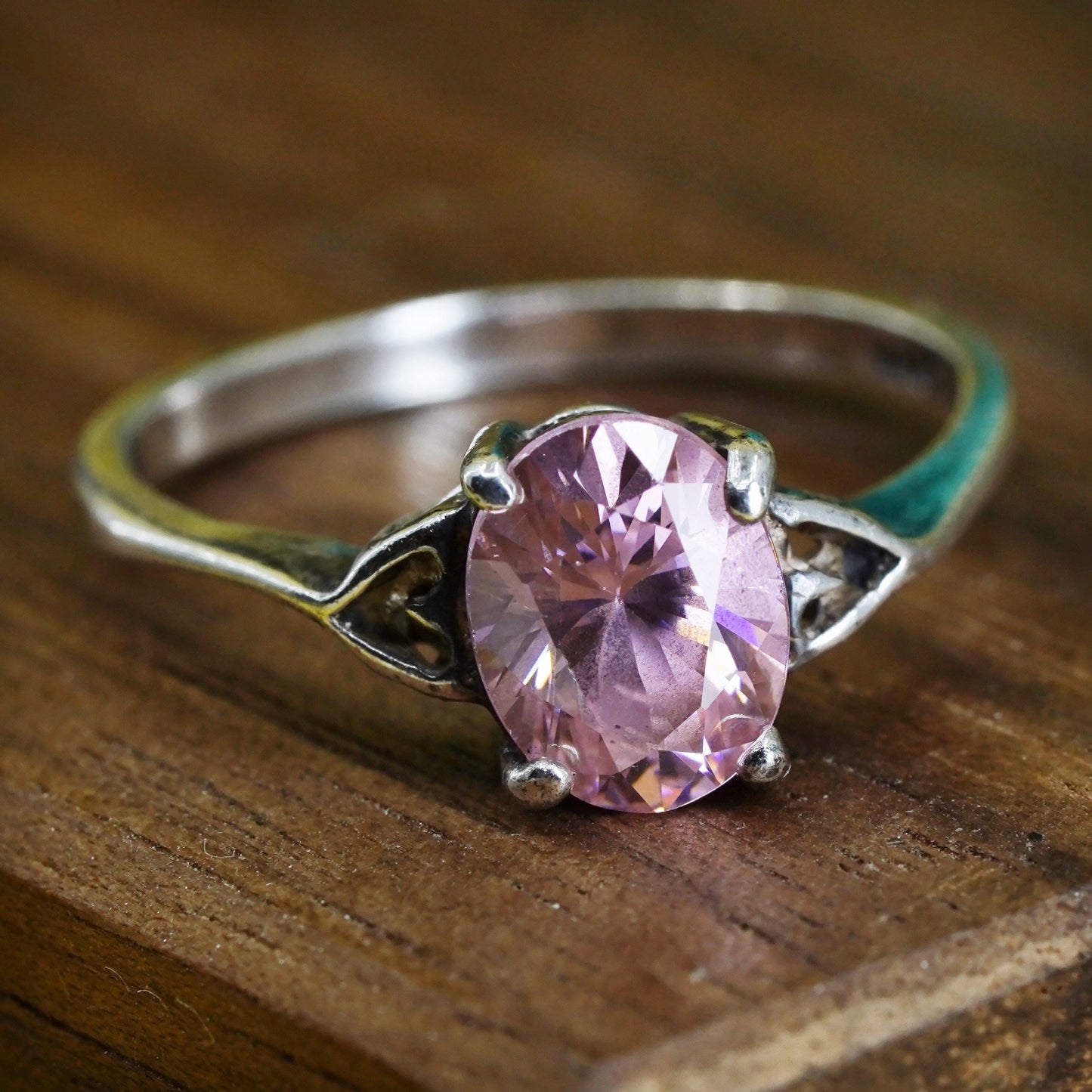 Size 9.5, vintage Sterling 925 silver handmade ring with pink crystal