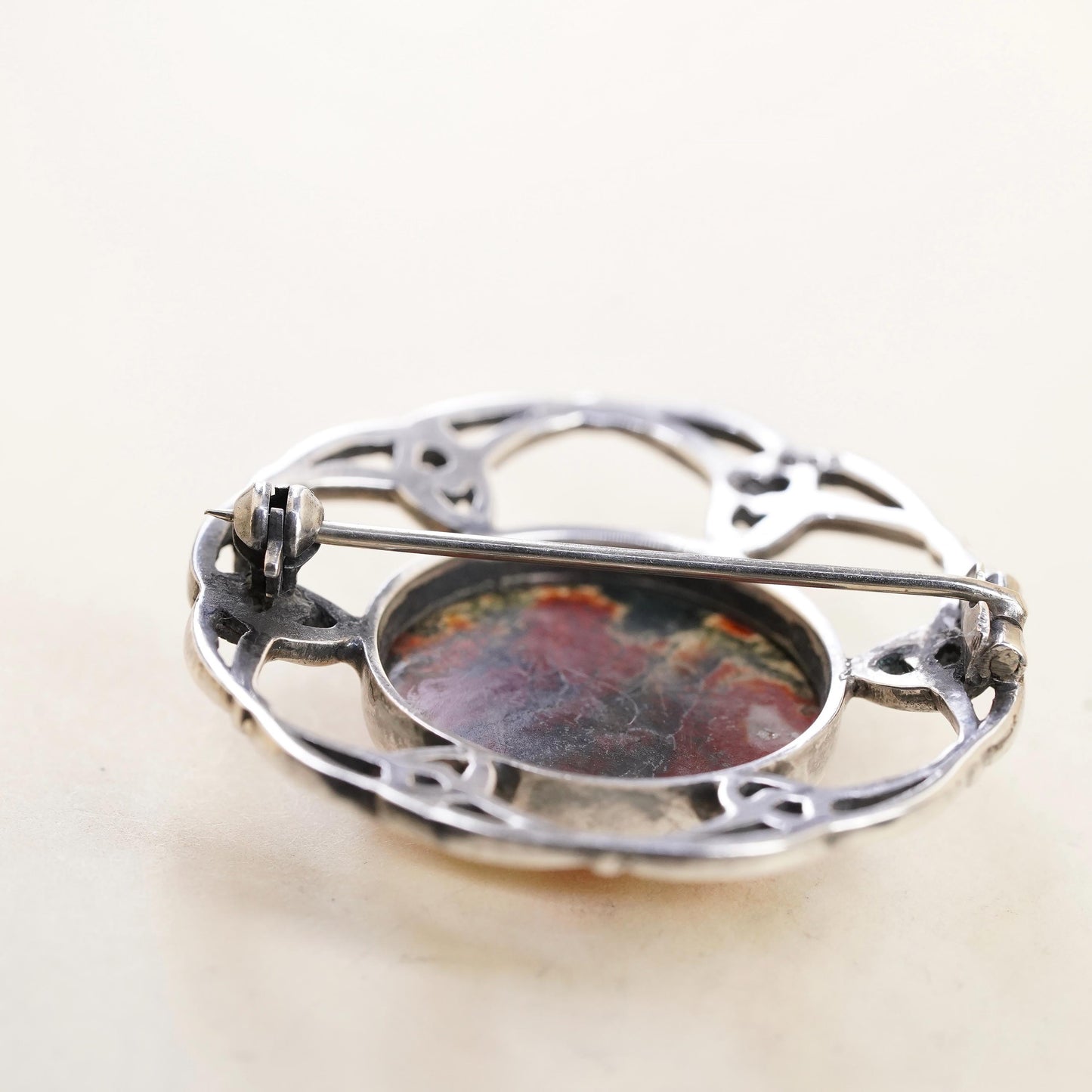 Scottish Sterling Silver Moss Agate Brooch, Celtic Knot Circle Pin, jewelry