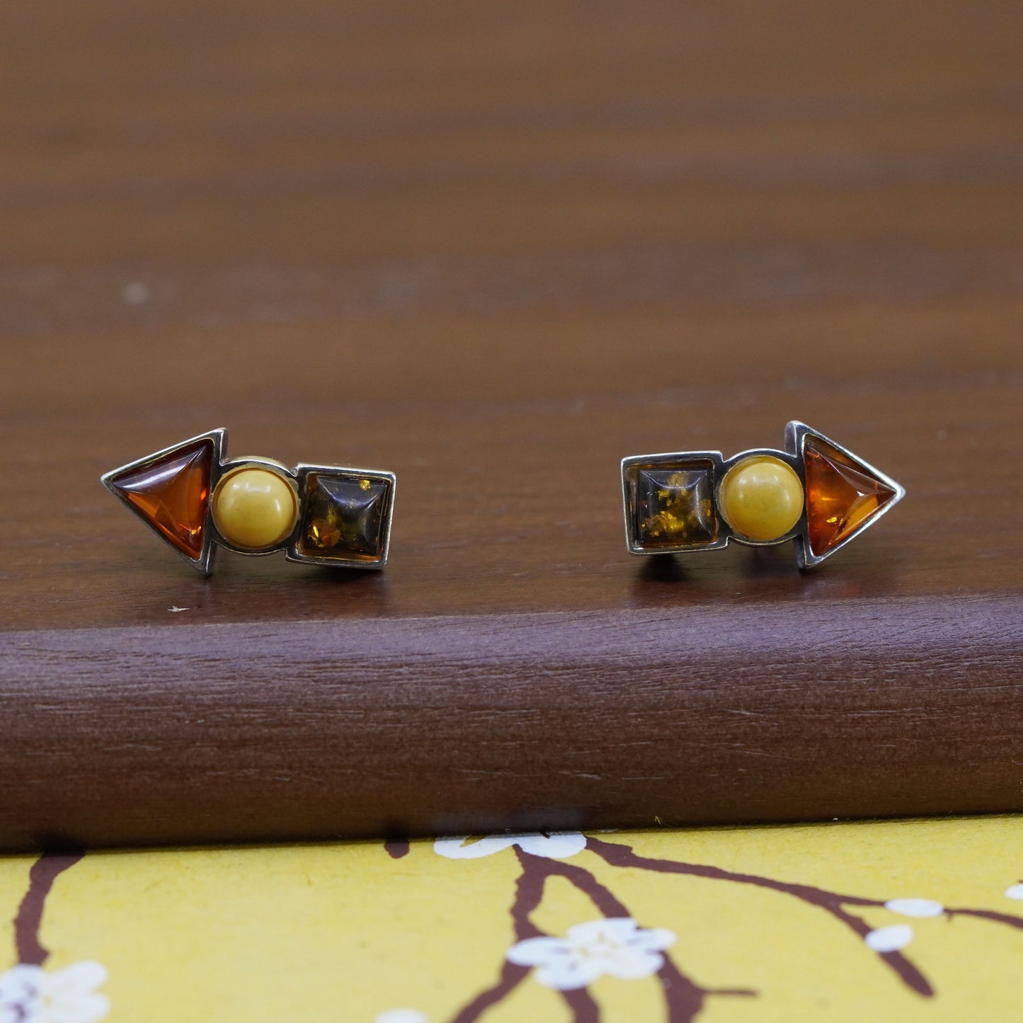 Vintage sterling 925 silver handmade studs earrings with amber inlay