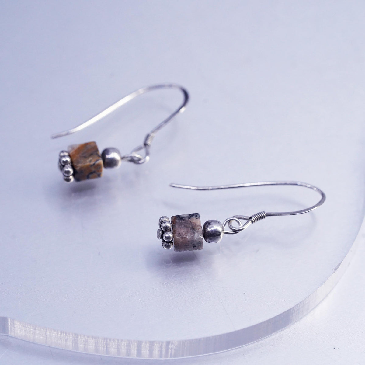 Vintage Sterling Silver handmade Earrings, 925 Silver with Agate Inlay