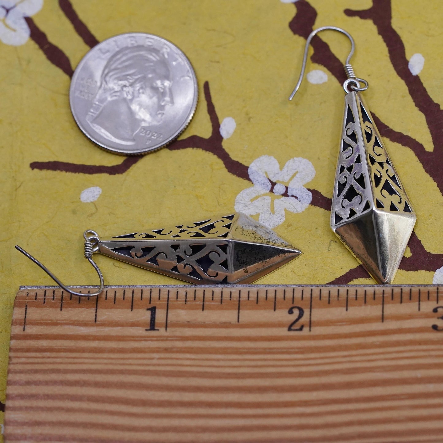Vintage Mexican Sterling silver earrings, 925 swirly cutout diamond dangles
