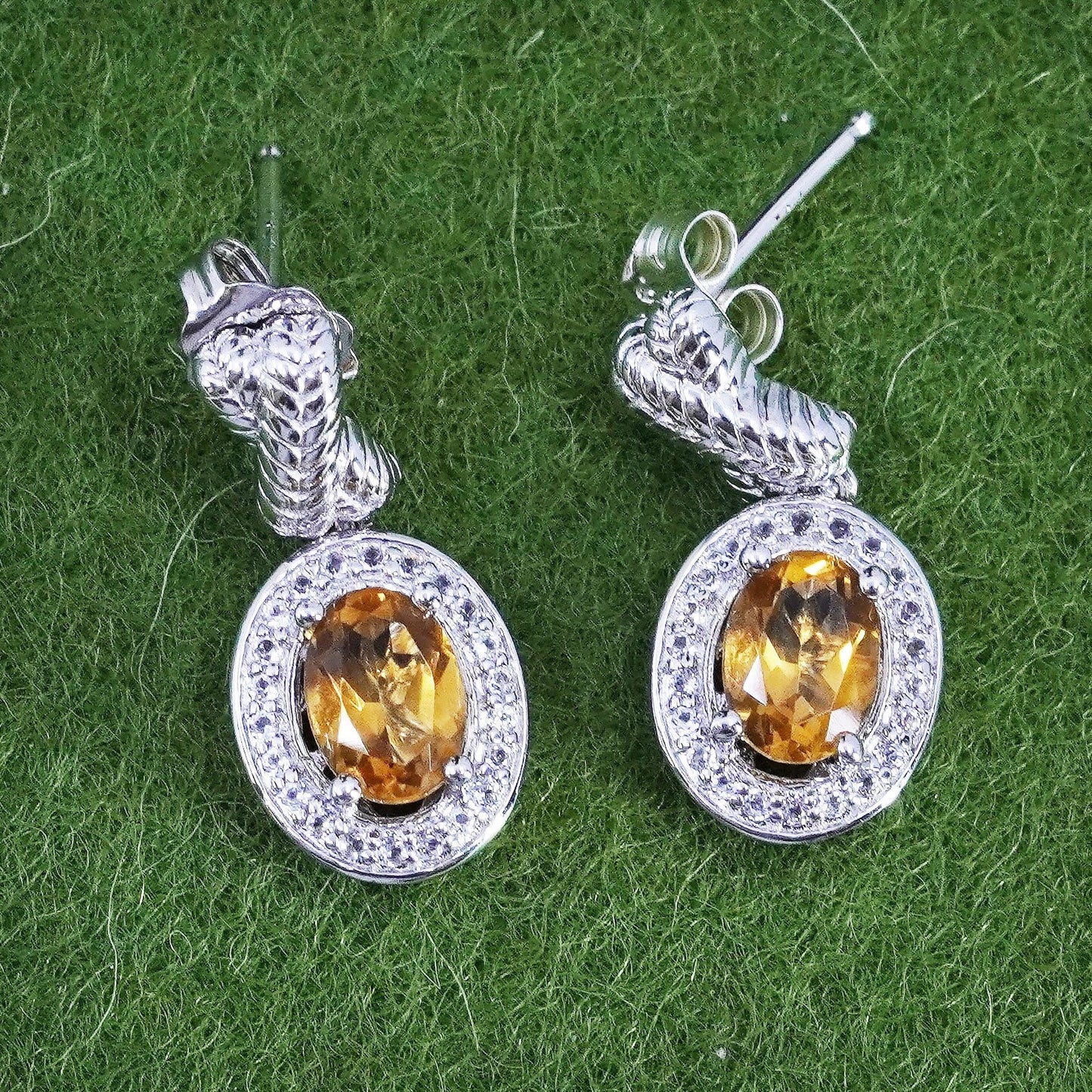 Vintage Sterling 925 silver handmade earrings with citrine and cz around