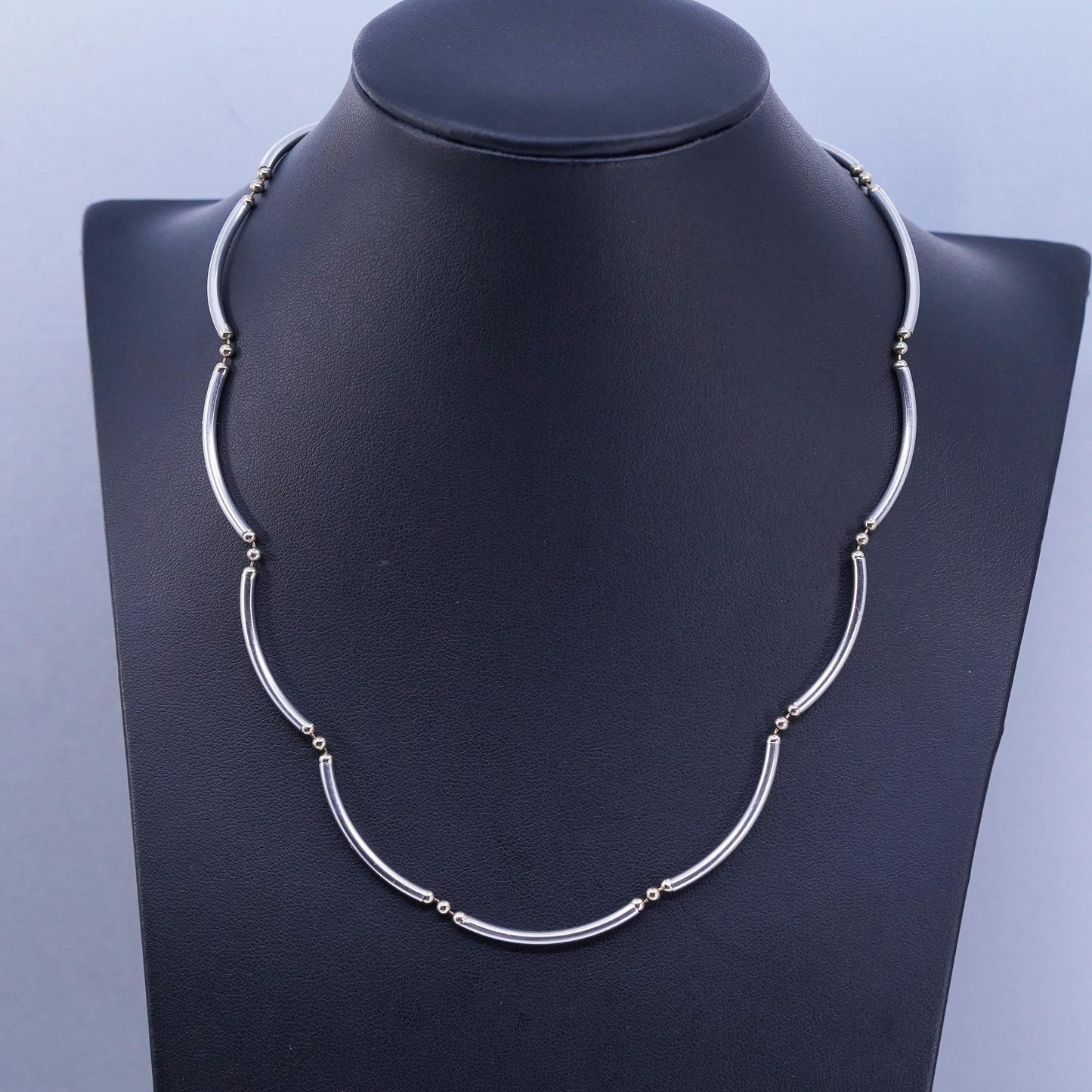 18” 2mm, vintage two tone Sterling 925 silver bar chain necklace with beads
