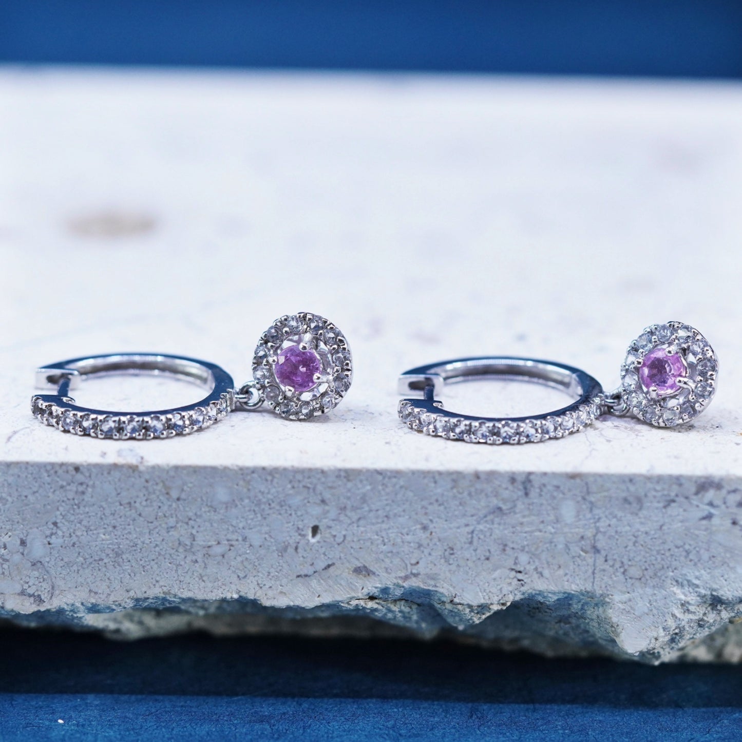 0.75”, Vintage Sterling silver earrings, 925 hoops, huggie w/ cluster cz drops