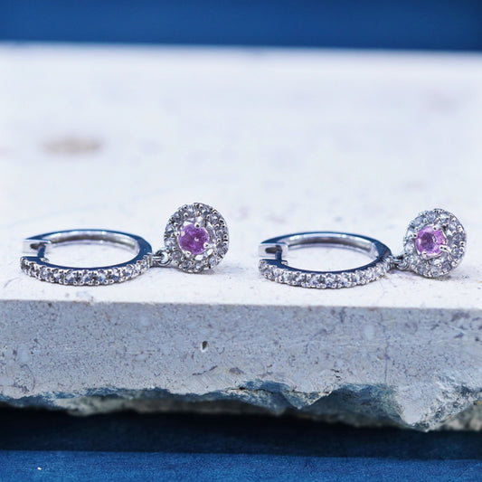 0.75”, Vintage Sterling silver earrings, 925 hoops, huggie w/ cluster cz drops