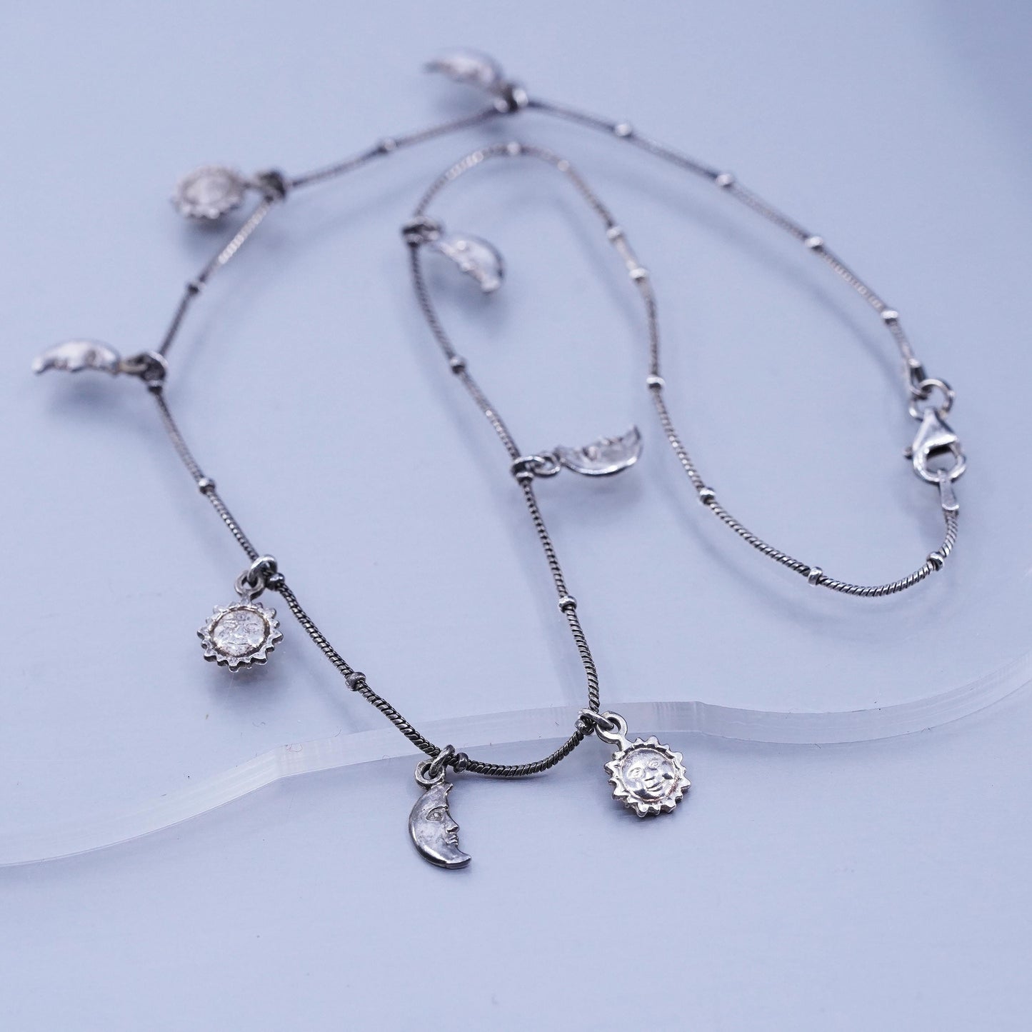14”, Vintage Sterling 925 silver handmade choker necklace with sun moon charms