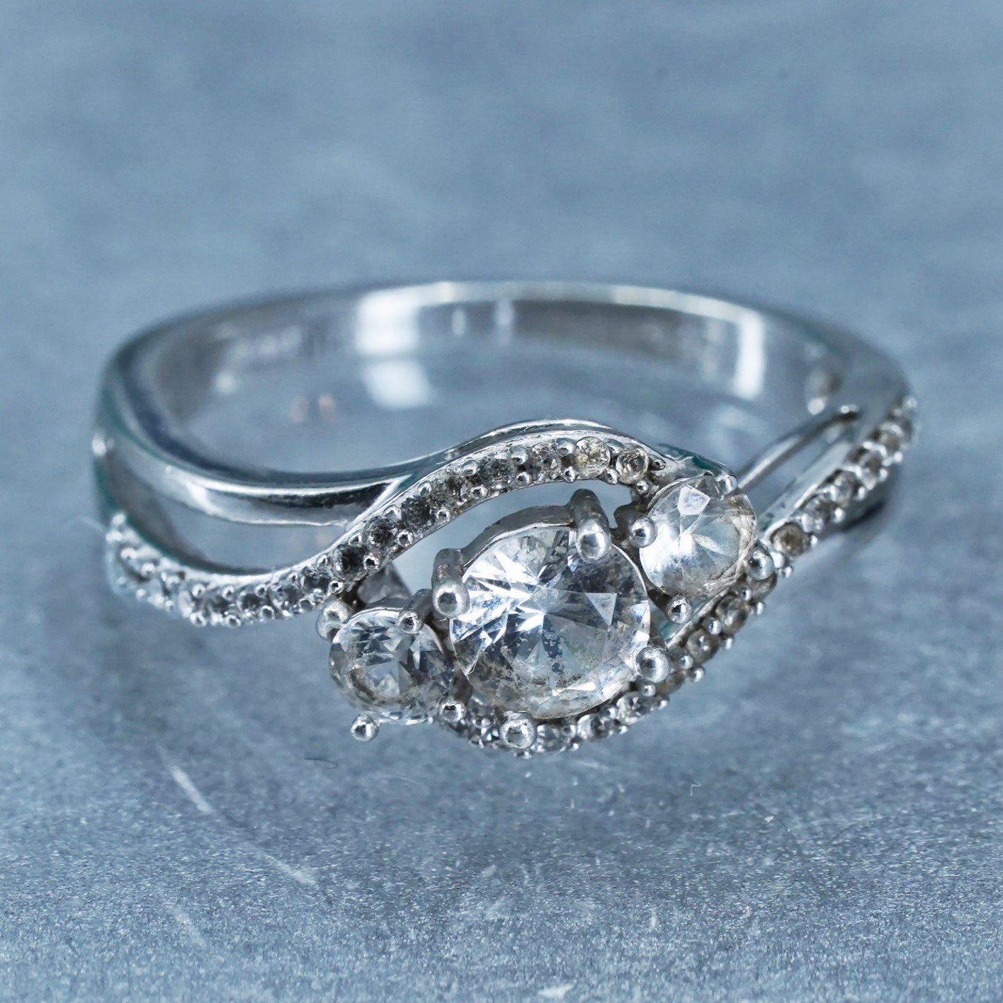 Size 7, vintage Sterling 925 silver handmade engagement ring with cluster Cz