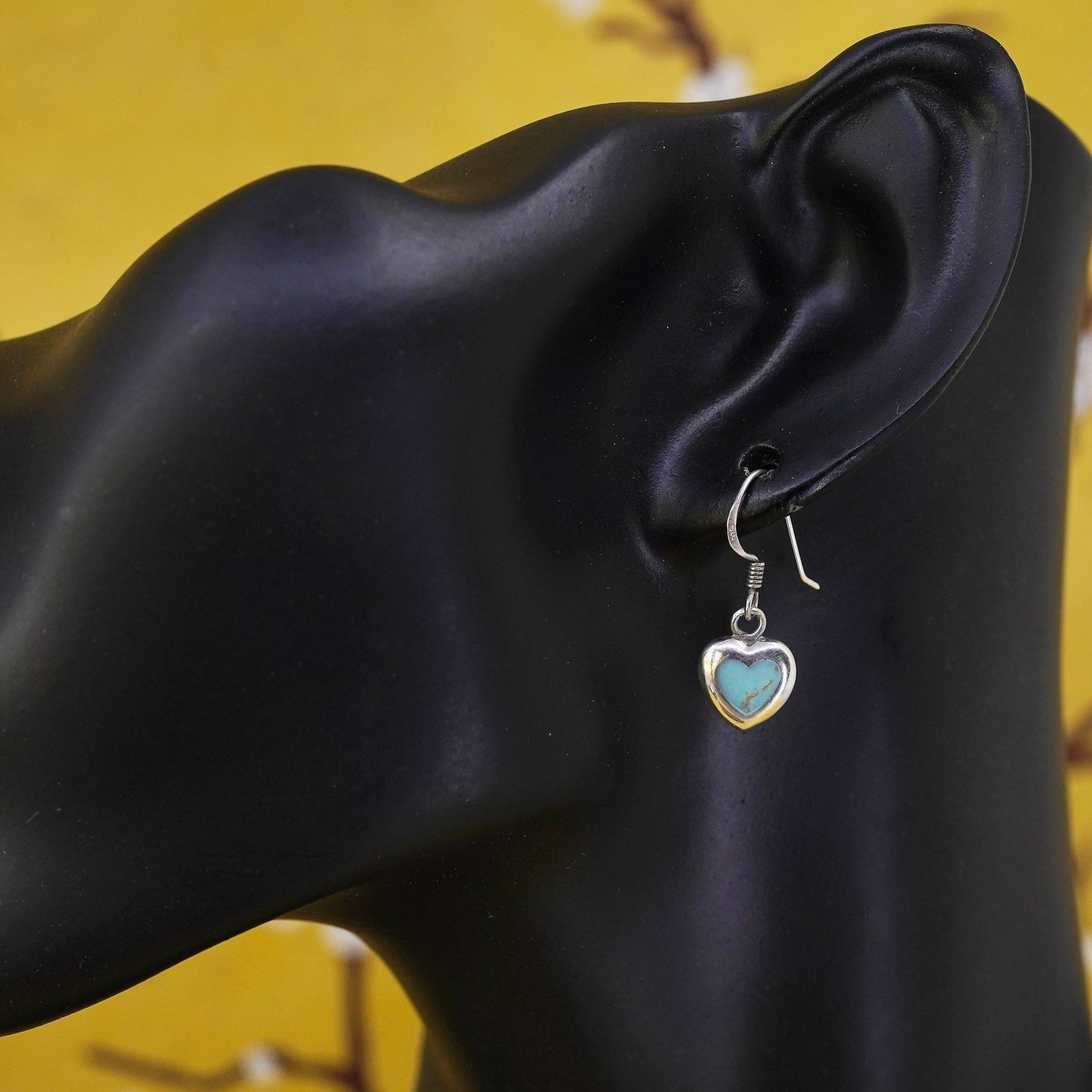Vintage Sterling silver handmade earrings with heart turquoise inlay
