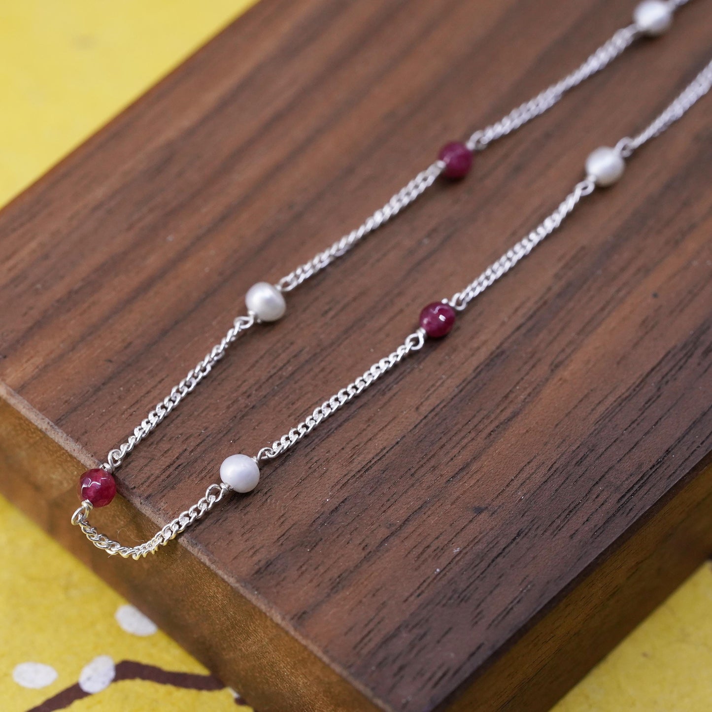 11.75", vintage Sterling silver curb chain, Italy 925 anklet pearl ruby beads