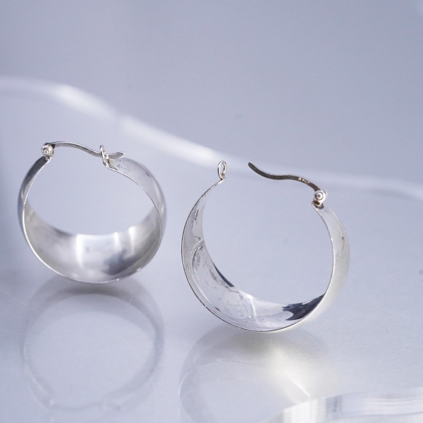 1", Vintage 925 Sterling Silver Wide Earrings, High Polish Dome Hoops, Chunky