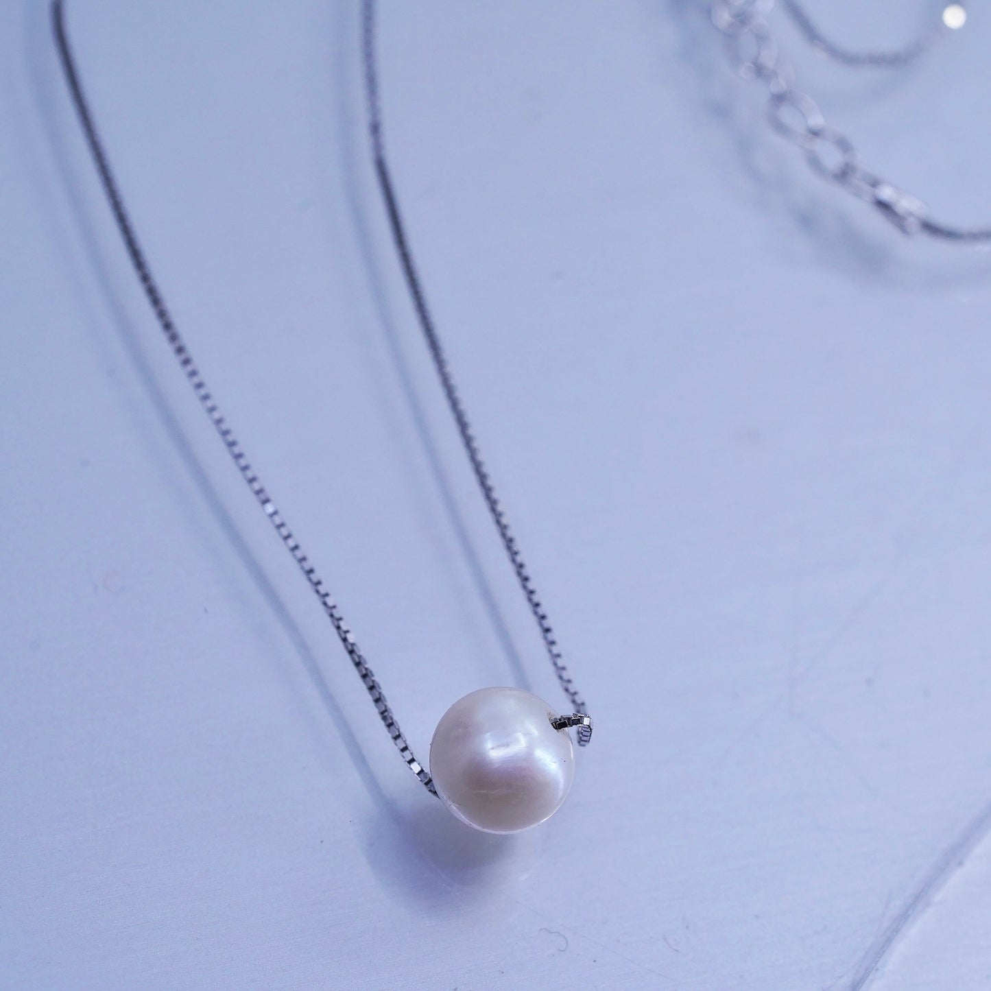 16+2”, Sterling 925 silver box chain necklace with freshwater pearl pendant