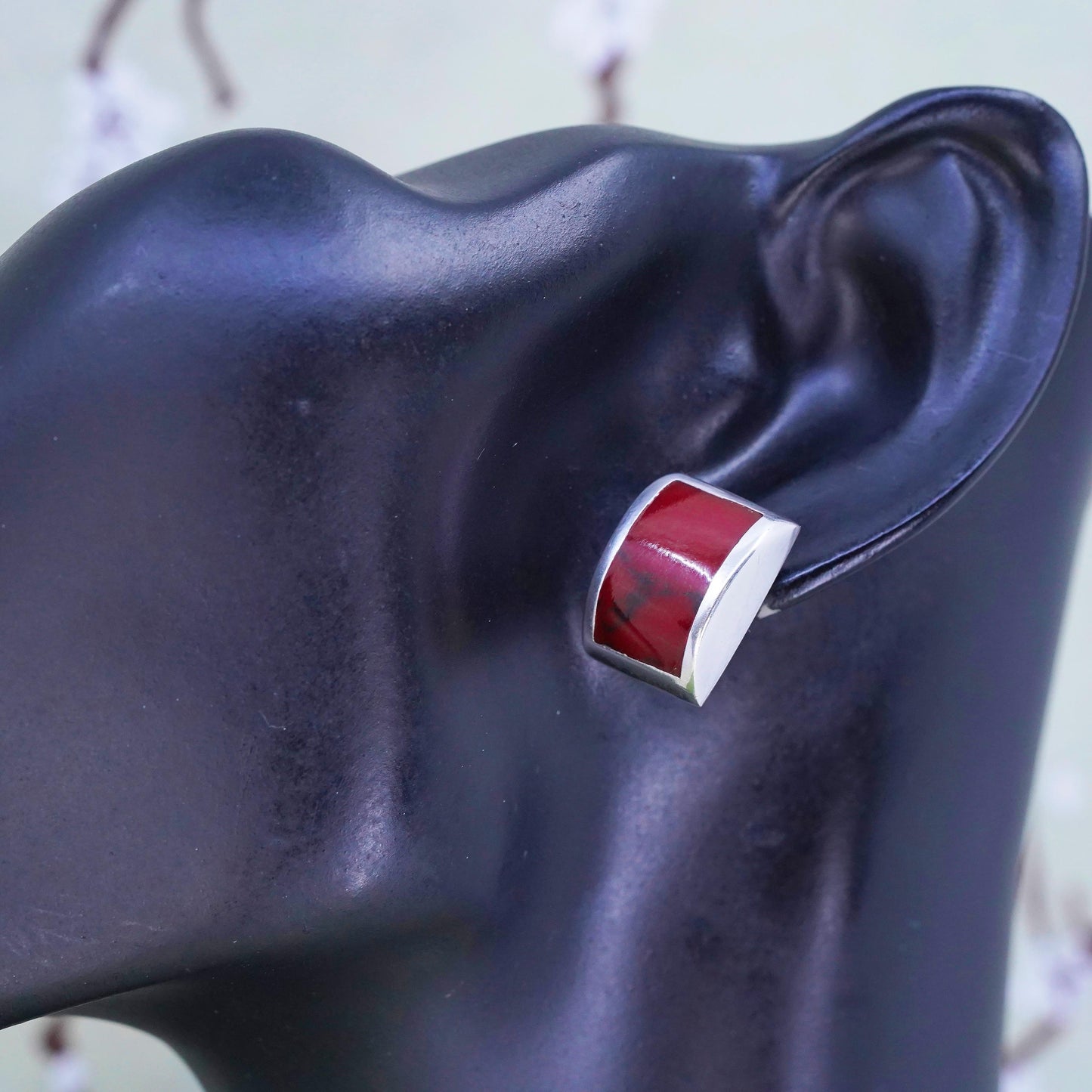 Vintage Mexican Sterling silver handmade earrings, 925 silver studs red jasper