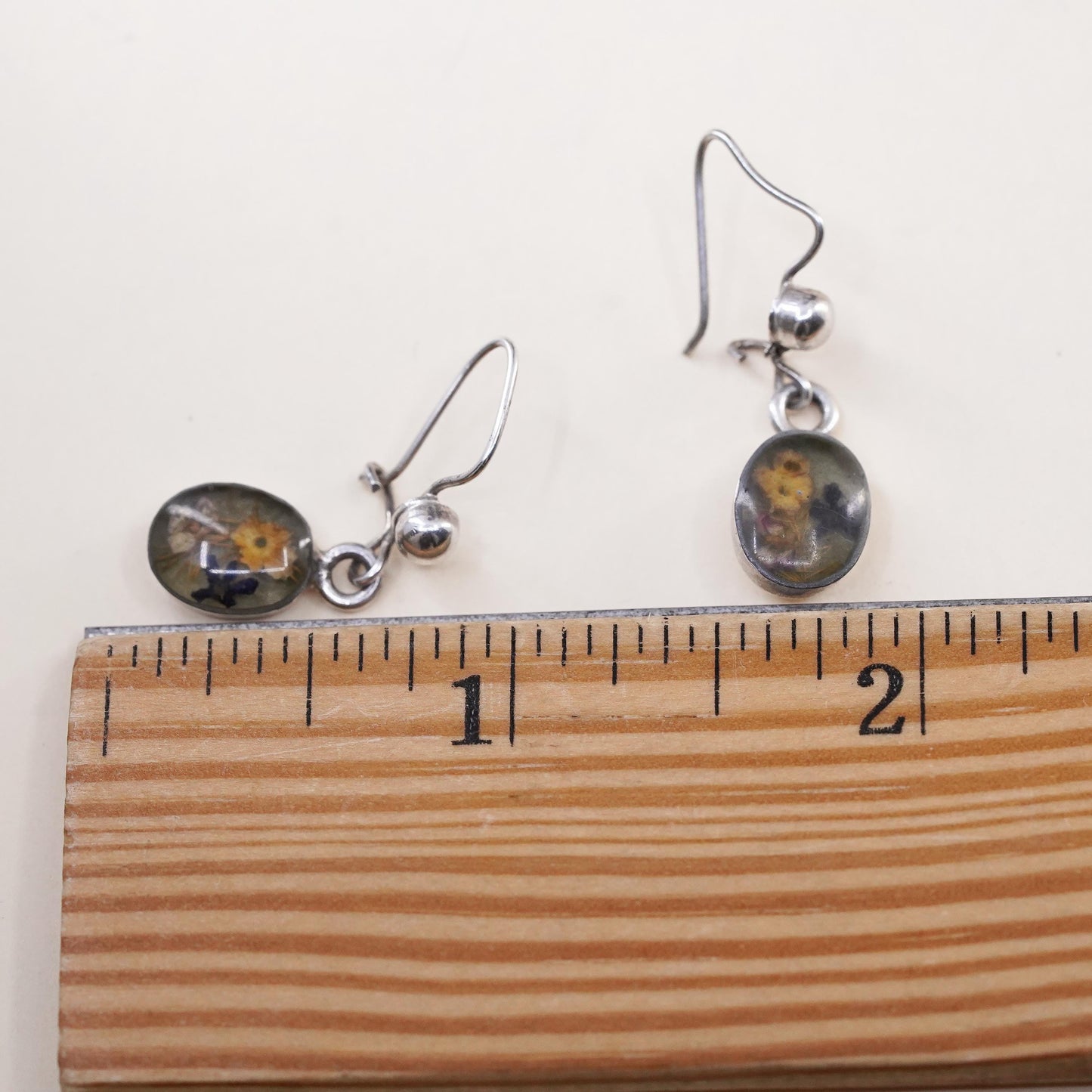 Vintage sterling 925 silver handmade oval earrings with resin flower