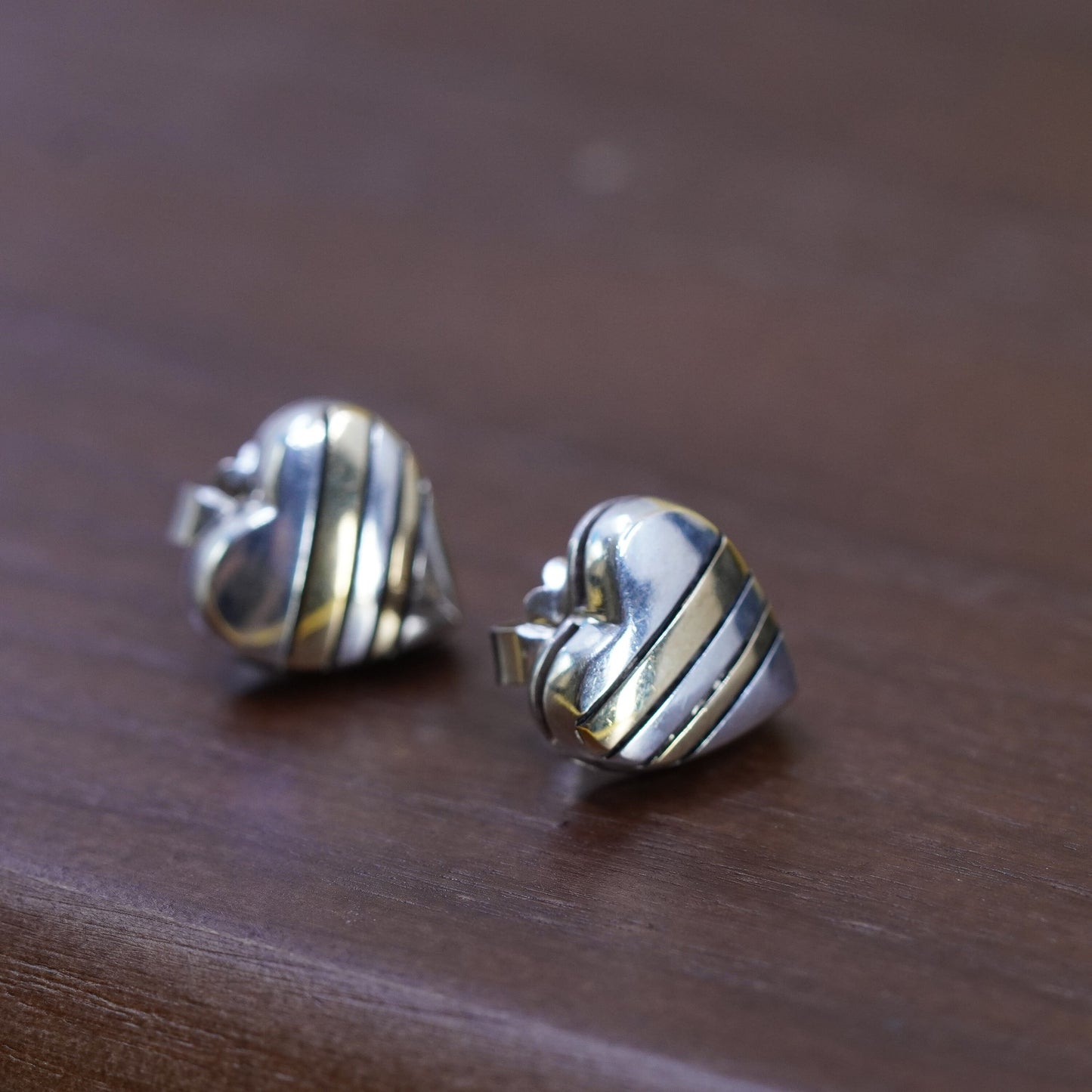 1”, vintage WR 18K gold accent with sterling silver handmade heart earrings