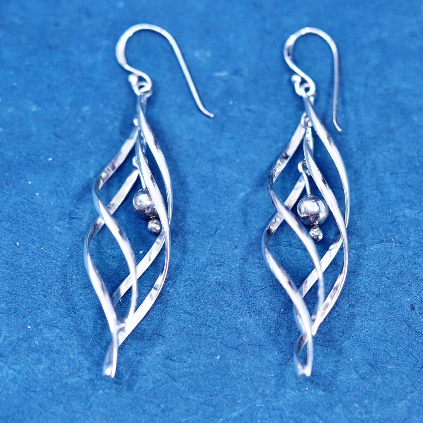 Vintage sterling silver handmade earrings, 925 twisted hoops with beads