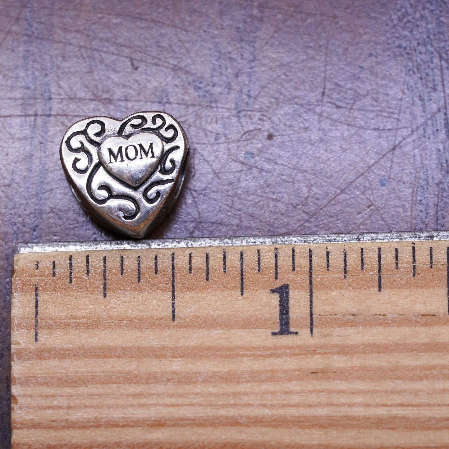 Vintage Sterling silver handmade bead charm, 925 heart pendant embossed mom