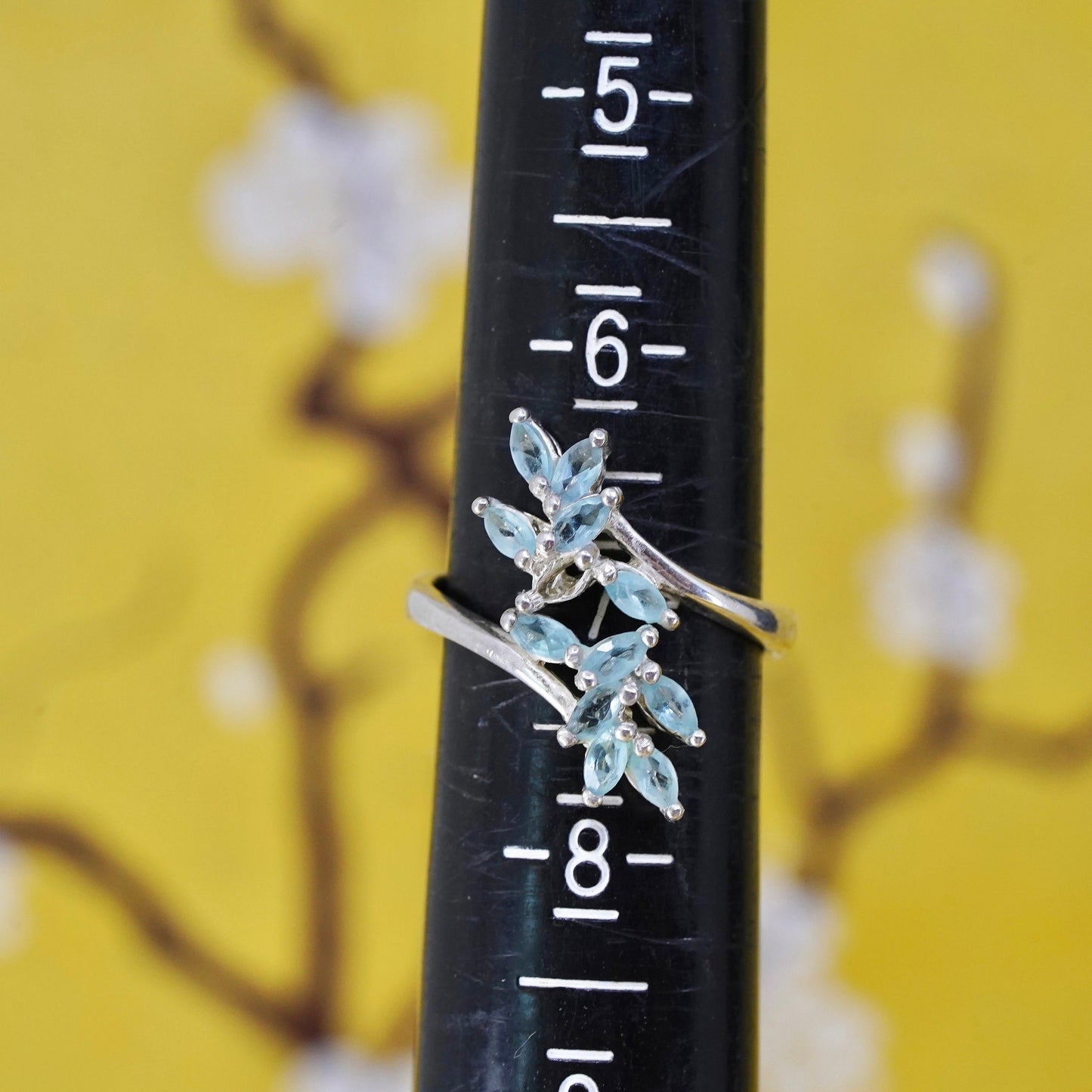 Size 7, Vintage Sterling silver handmade ring, blue crystal flower, 925 band