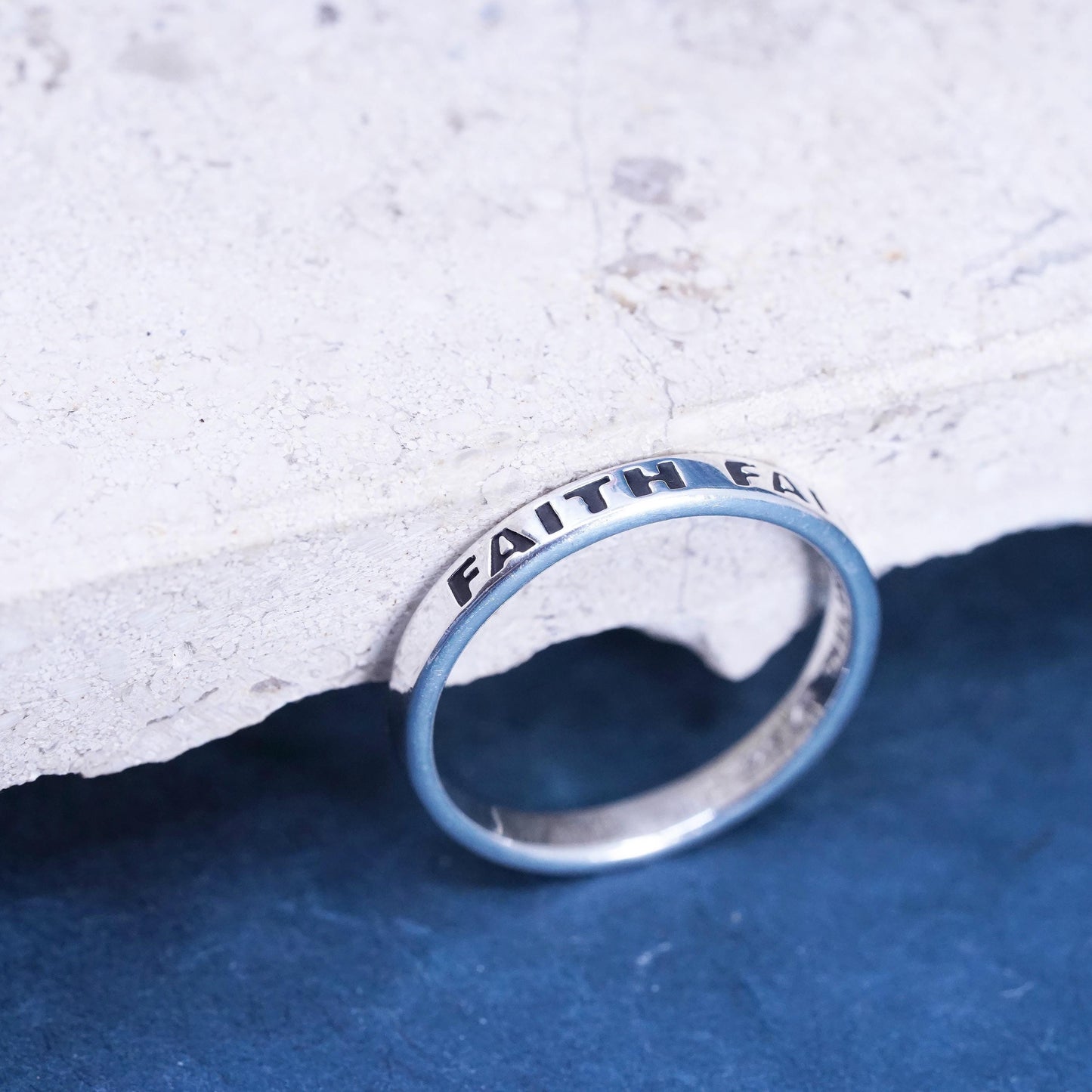 Size 9, vintage Sterling silver handmade ring, 925 stackable band with “Faith"