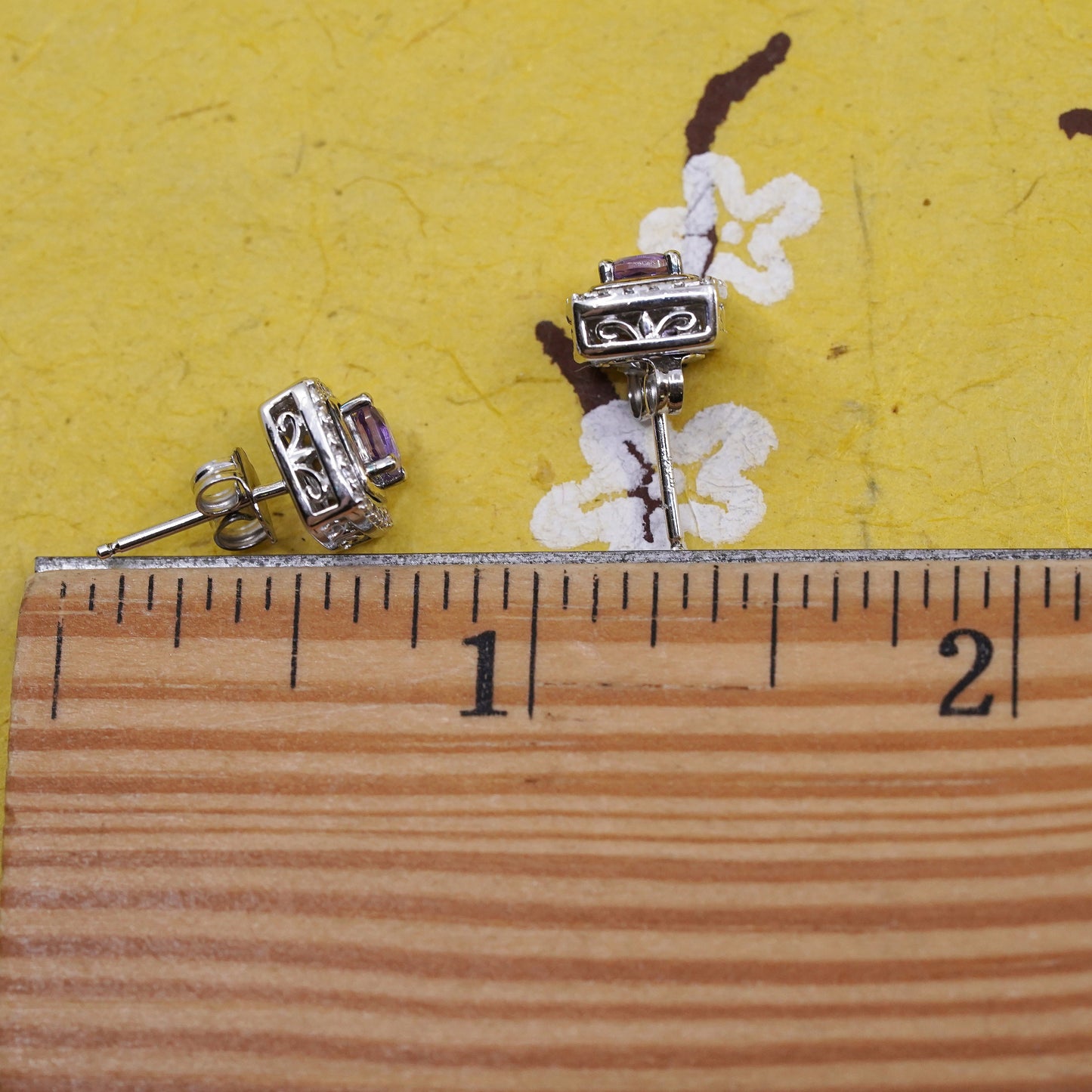 Sterling 925 silver square amethyst studs, earrings with 10K yellow gold trims